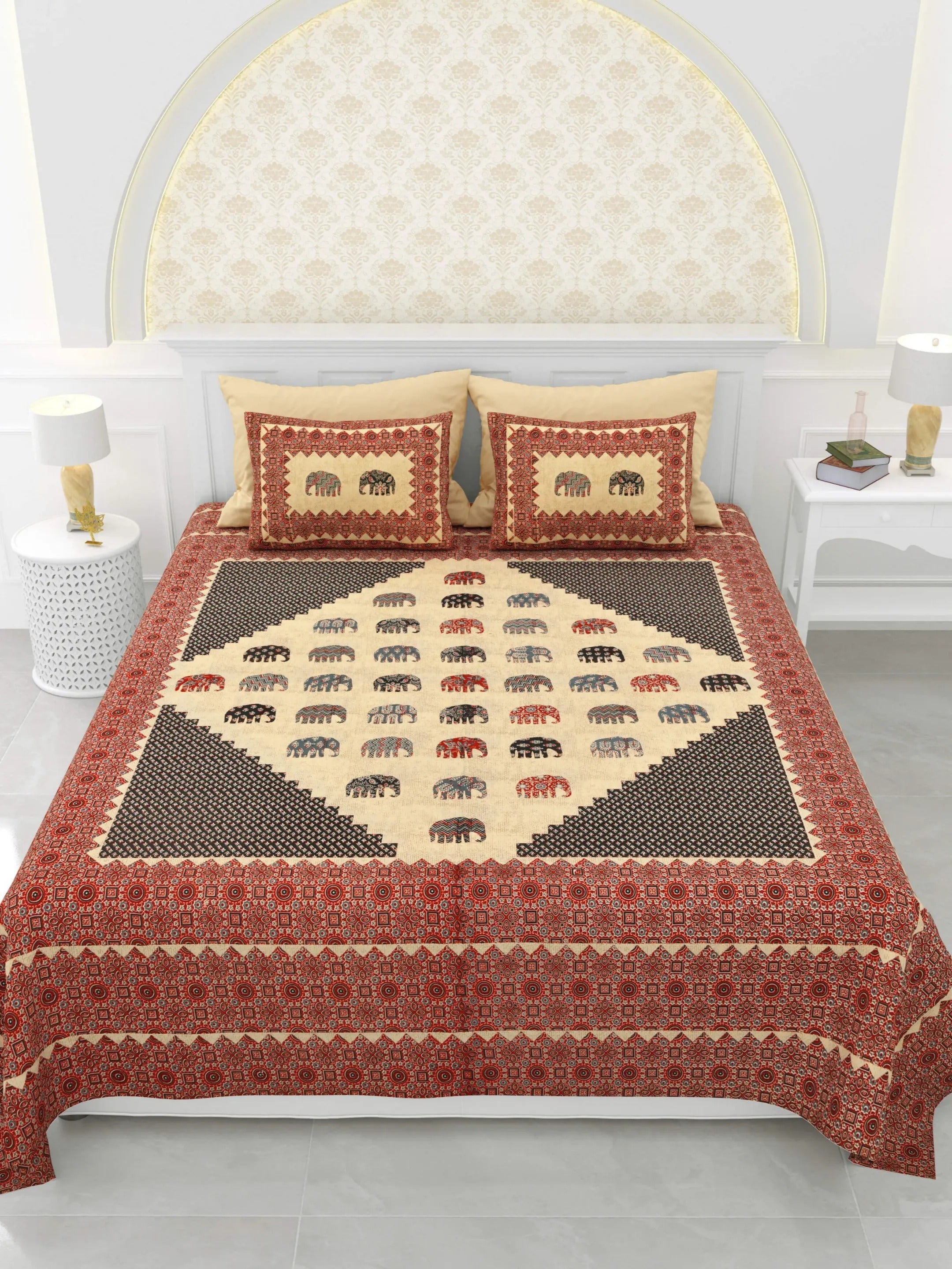 LIVING ROOTS Jaipuri Hand Block Print Super King Cotton Bedsheet 96*104 inches (8*8.5 feet) With 2 Pillow Cover | 240 TC | Rich Fast Colour With No Colour Bleeding | (398-A)