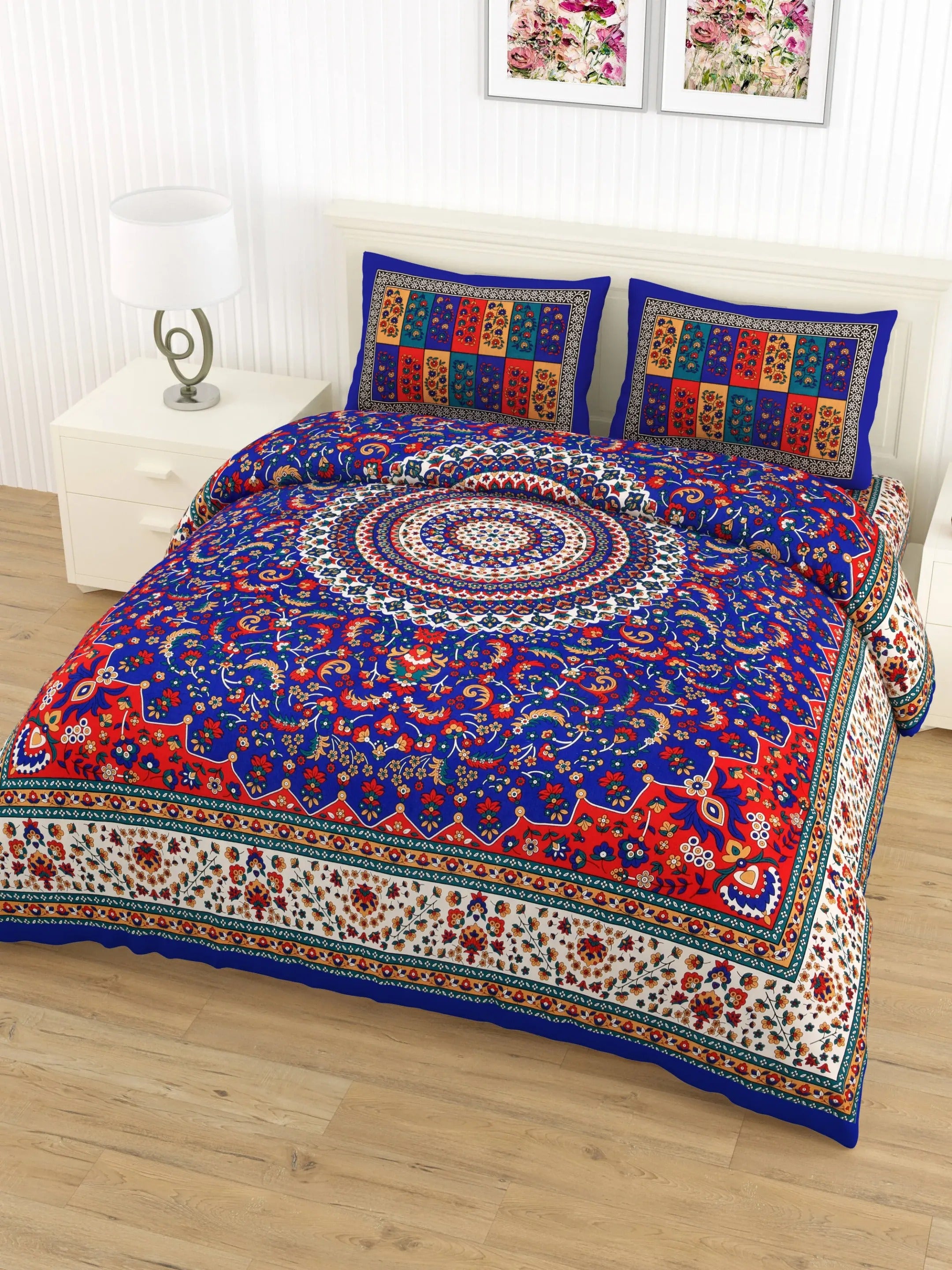 LIVING ROOTS Jaipuri Hand Block Print Queen Cotton Bedsheet  86 * 96 Inches (7.1 * 8 Feet) with 2 Pillow Cover | 180 TC | Rich Fast Colour with No Colour Bleeding (457-A)