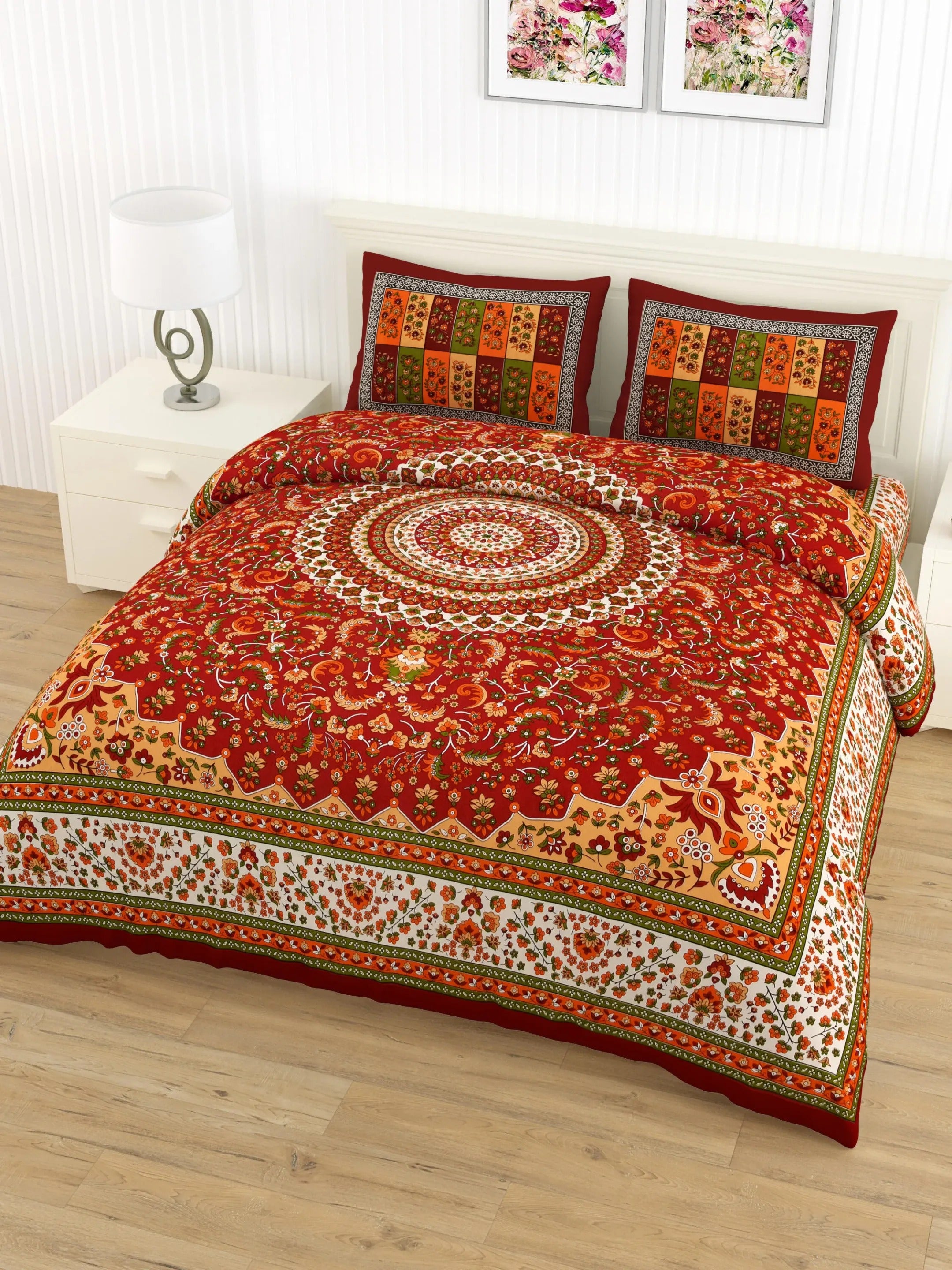 LIVING ROOTS Jaipuri Hand Block Print Queen Cotton Bedsheet  86 * 96 Inches (7.1 * 8 Feet) with 2 Pillow Cover | 180 TC | Rich Fast Colour with No Colour Bleeding (457-B)