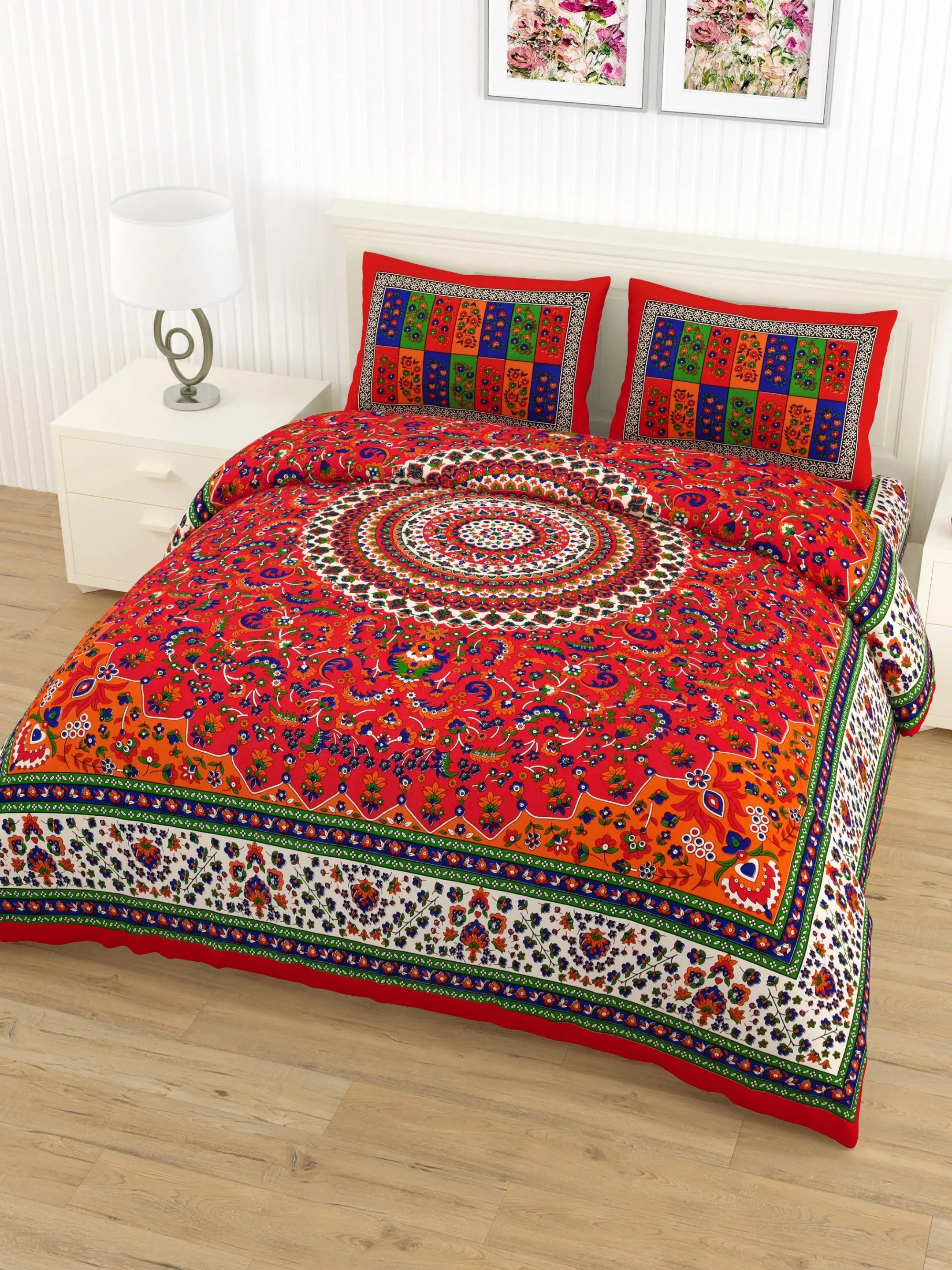 LIVING ROOTS Jaipuri Hand Block Print Queen Cotton Bedsheet  86 * 96 Inches (7.1 * 8 Feet) with 2 Pillow Cover | 180 TC | Rich Fast Colour with No Colour Bleeding (457-C)