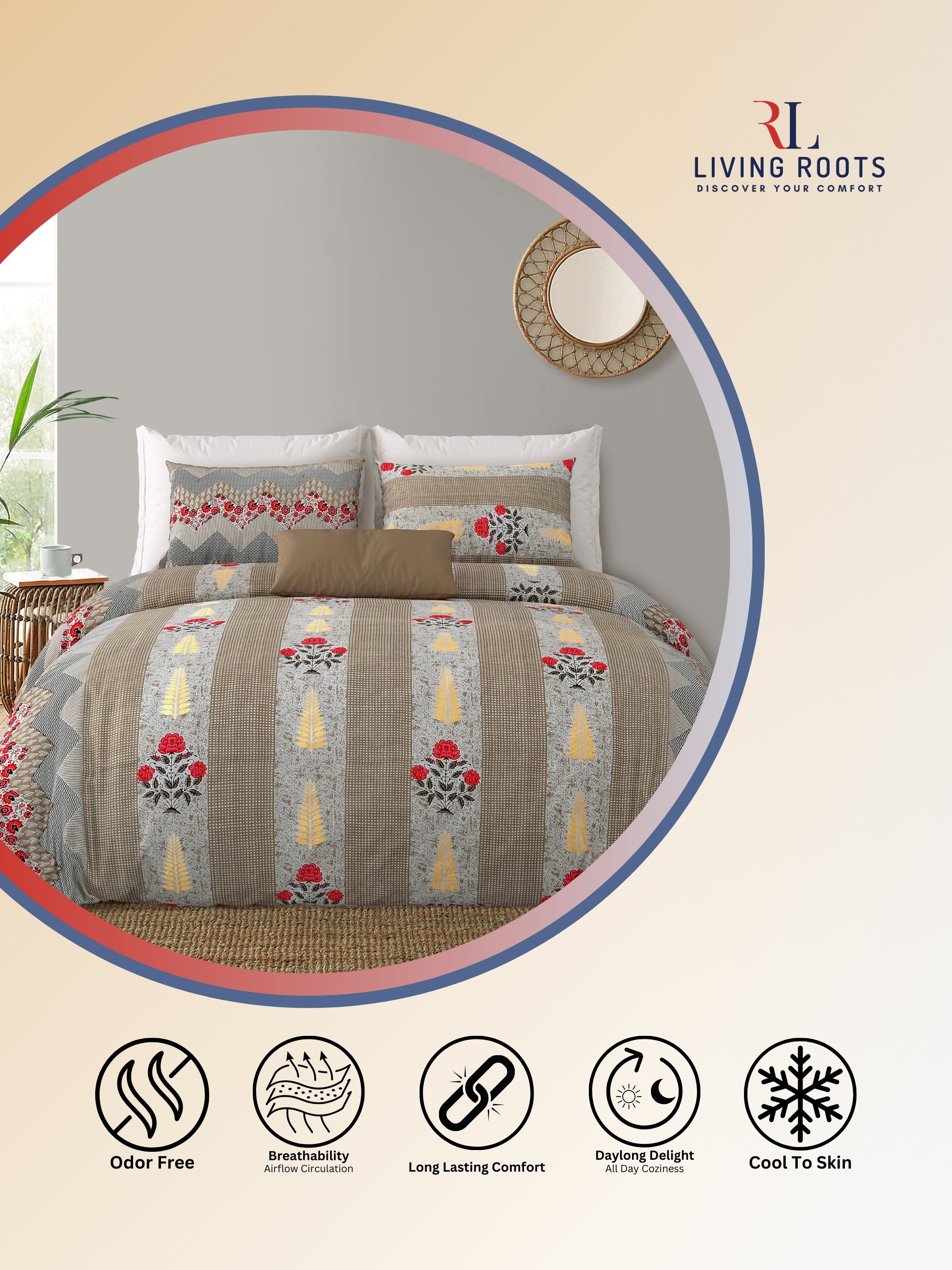 LIVING ROOTS Jaipuri Hand Block Print Double King Cotton Bedsheet 86*104 Inches (7.1*8.6 Feet) With 2 Pillow Cover | 220 TC | Rich Fast Colour With No Colour Bleeding (463-B)