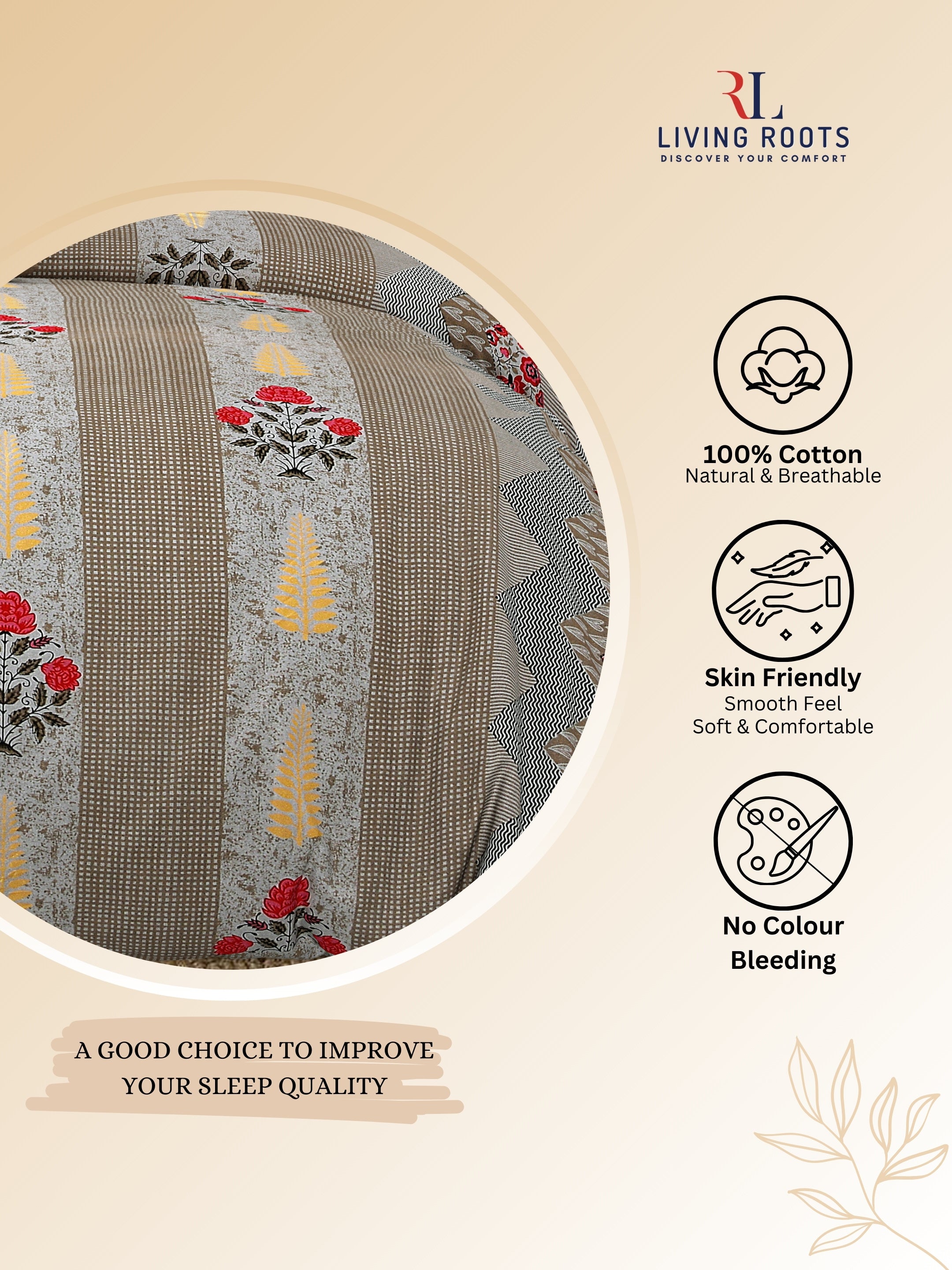 LIVING ROOTS Jaipuri Hand Block Print Double King Cotton Bedsheet 86*104 Inches (7.1*8.6 Feet) With 2 Pillow Cover | 220 TC | Rich Fast Colour With No Colour Bleeding (463-A)