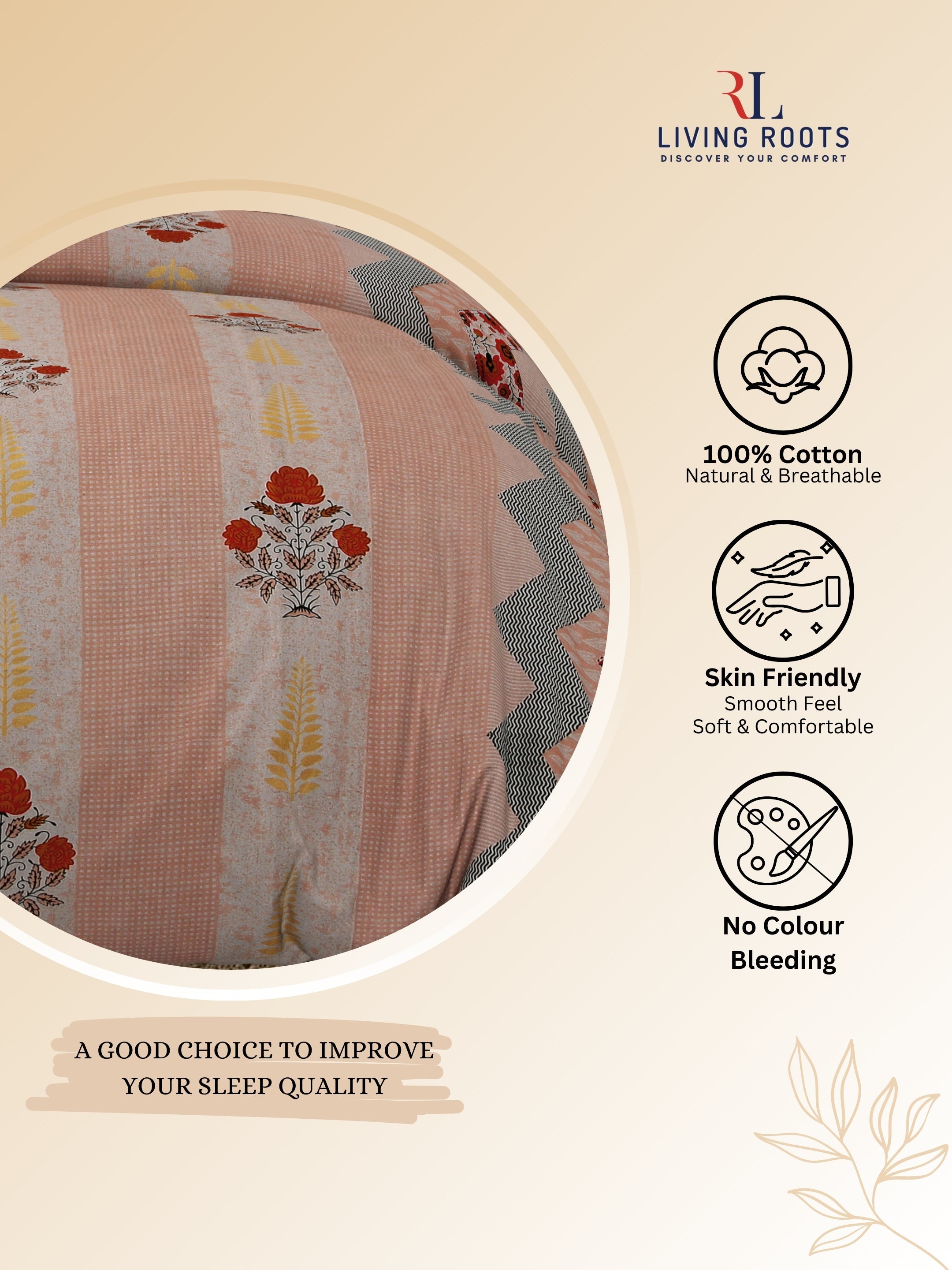 LIVING ROOTS Jaipuri Hand Block Print Double King Cotton Bedsheet 86*104 Inches (7.1*8.6 Feet) With 2 Pillow Cover | 220 TC | Rich Fast Colour With No Colour Bleeding (463-C)