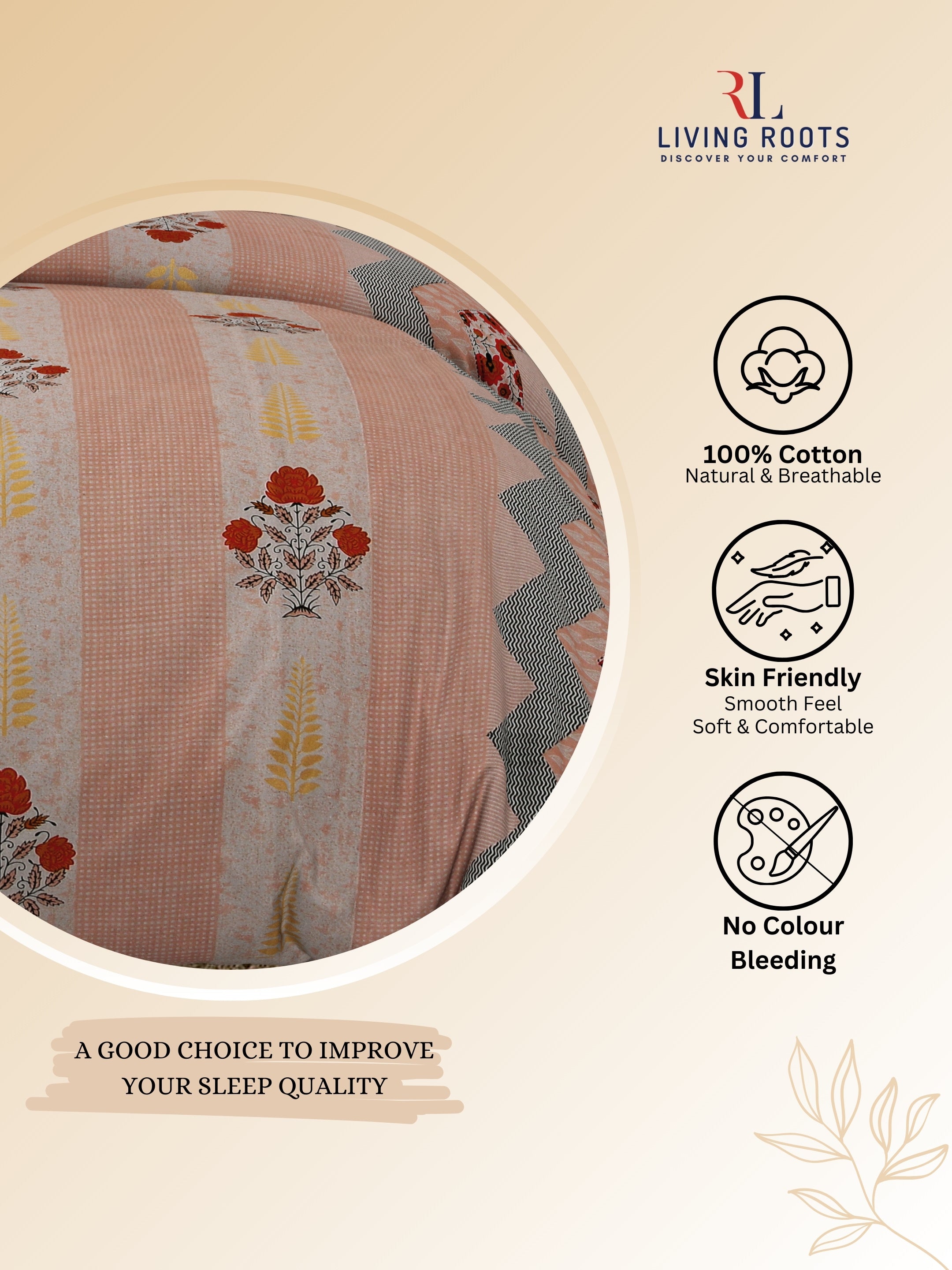 LIVING ROOTS Jaipuri Hand Block Print Double King Cotton Bedsheet 86*104 Inches (7.1*8.6 Feet) With 2 Pillow Cover | 220 TC | Rich Fast Colour With No Colour Bleeding (463-C)