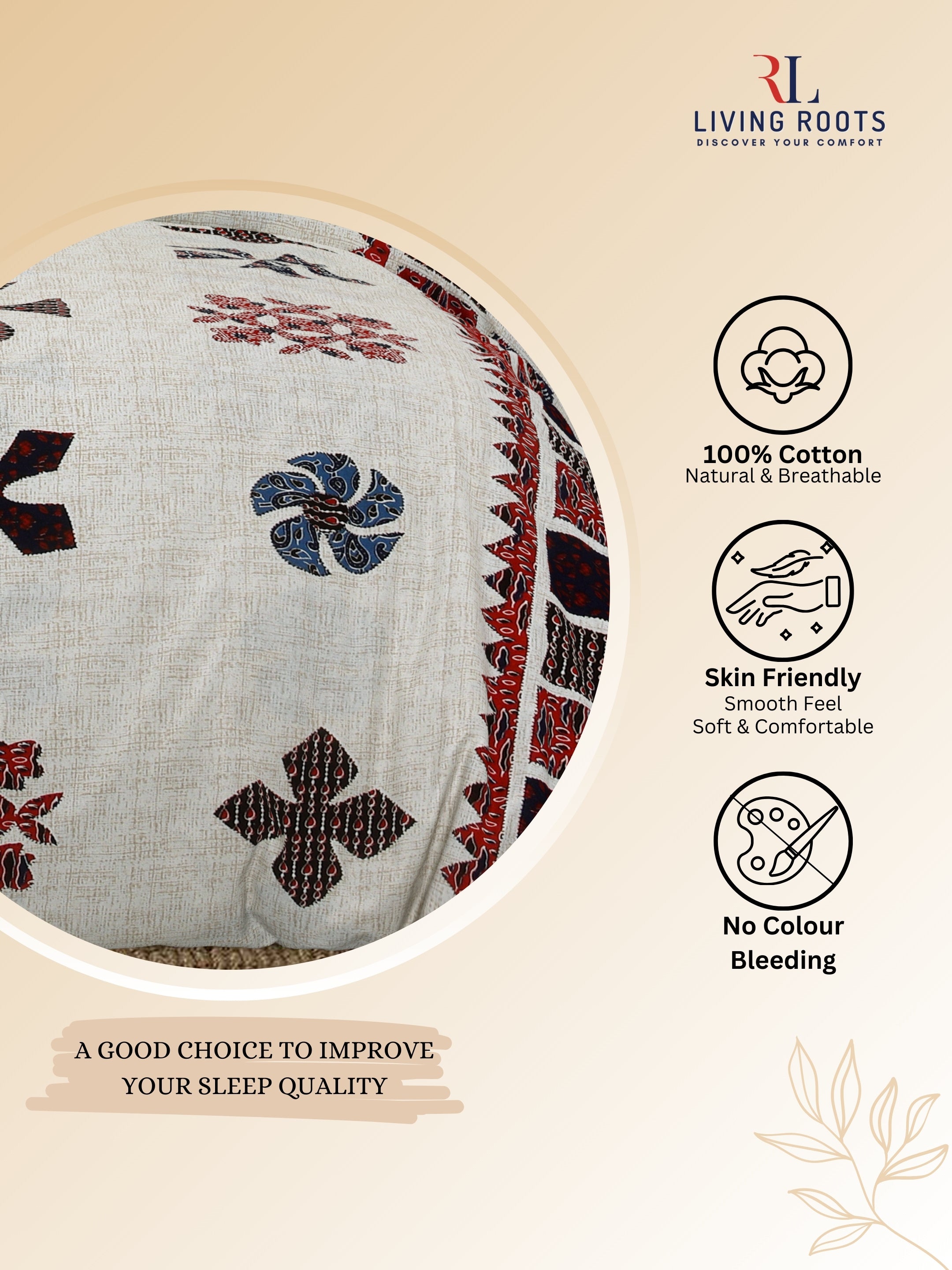 LIVING ROOTS Jaipuri Hand Block Print Double King Cotton Bedsheet 86 * 104 Inches (7.1*8.6 Feet) With 2 Pillow Cover | 220 TC | Rich Fast Colour with No Colour Bleeding (465-B)