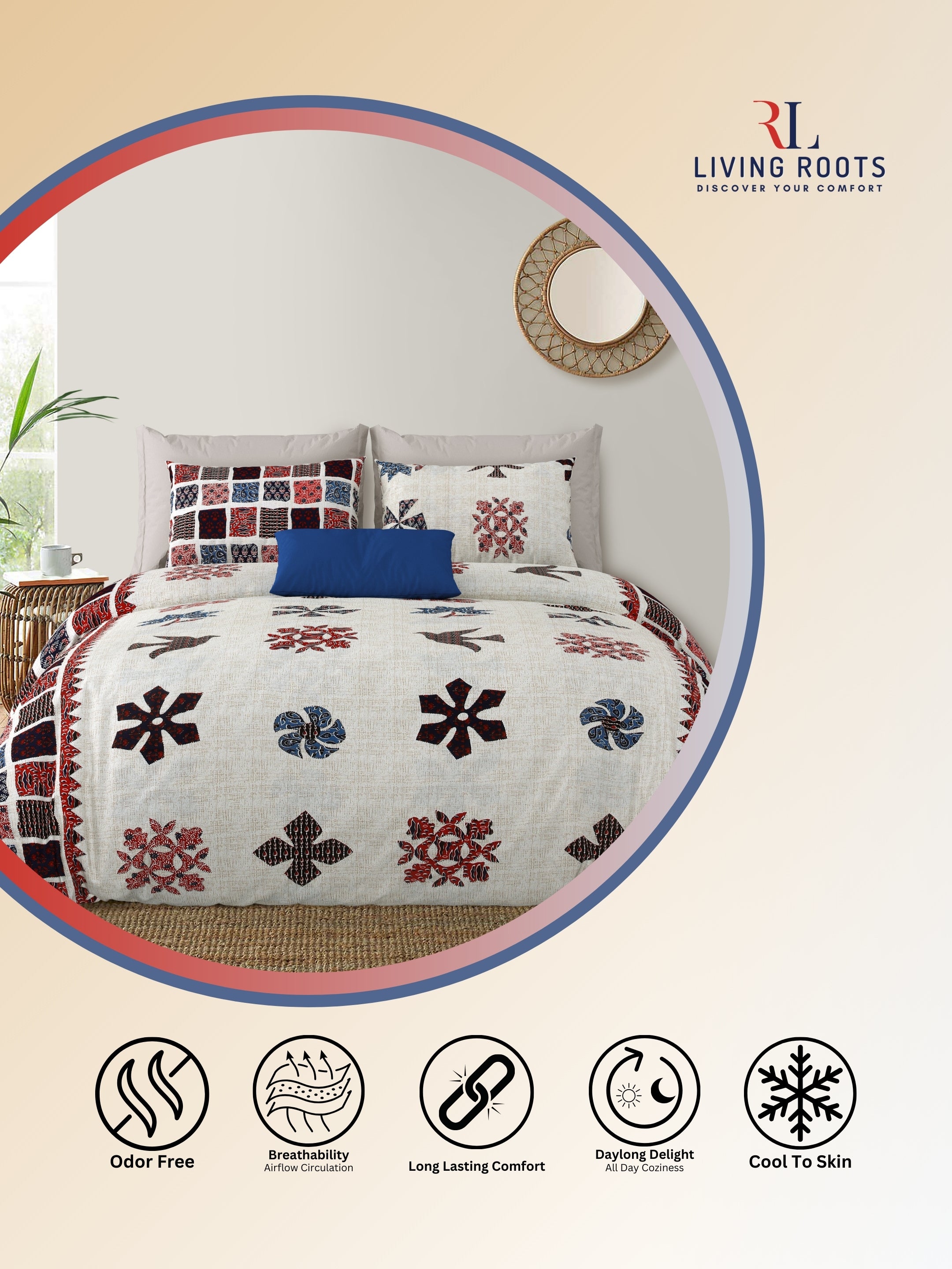 LIVING ROOTS Jaipuri Hand Block Print Double King Cotton Bedsheet 86 * 104 Inches (7.1*8.6 Feet) With 2 Pillow Cover | 220 TC | Rich Fast Colour with No Colour Bleeding (465-B)
