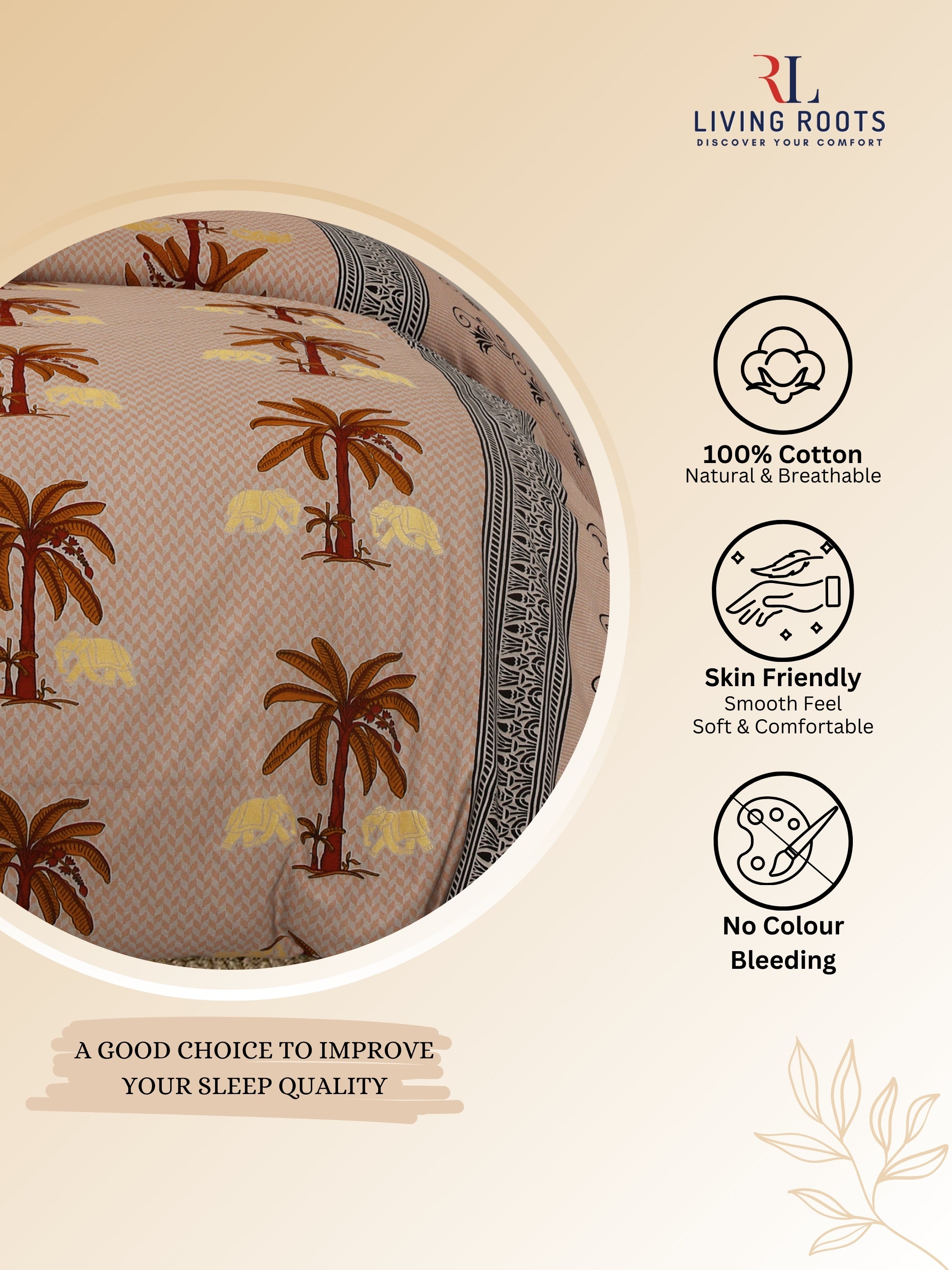 LIVING ROOTS Jaipuri Hand Block Print Double King Cotton Bedsheet 86*104 Inches (7.1*8.6 Feet) With 2 Pillow Cover | 220 TC | Rich Fast Colour With No Colour Bleeding (466-A)