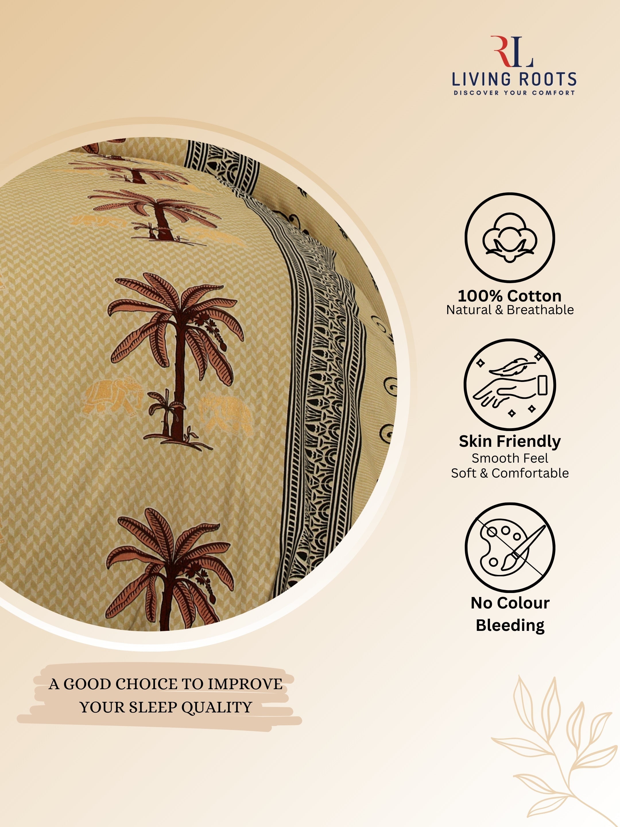 LIVING ROOTS Jaipuri Hand Block Print Double King Cotton Bedsheet 86*104 Inches (7.1*8.6 Feet) With 2 Pillow Cover | 220 TC | Rich Fast Colour With No Colour Bleeding (466-B) (Yellow)