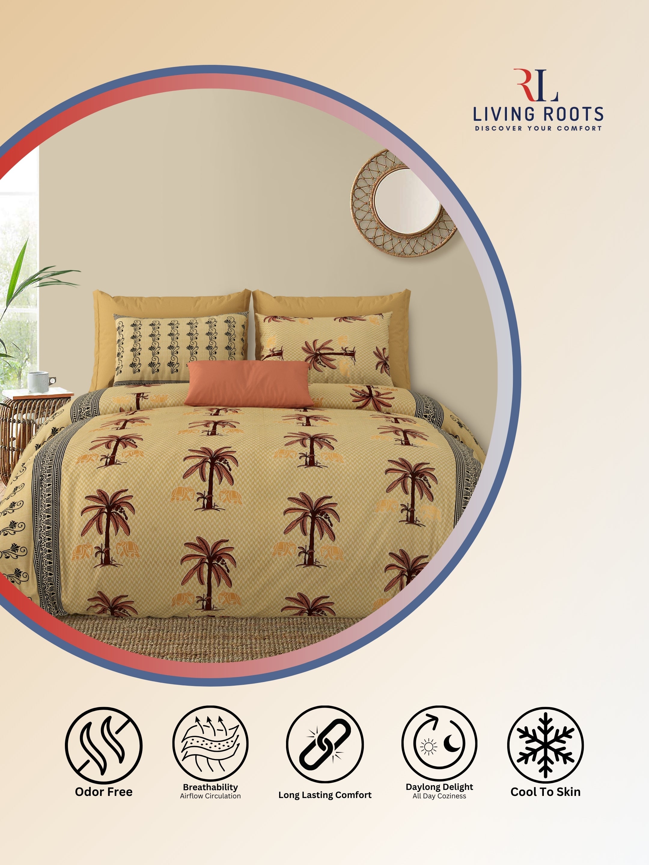 LIVING ROOTS Jaipuri Hand Block Print Double King Cotton Bedsheet 86*104 Inches (7.1*8.6 Feet) With 2 Pillow Cover | 220 TC | Rich Fast Colour With No Colour Bleeding (466-B) (Yellow)