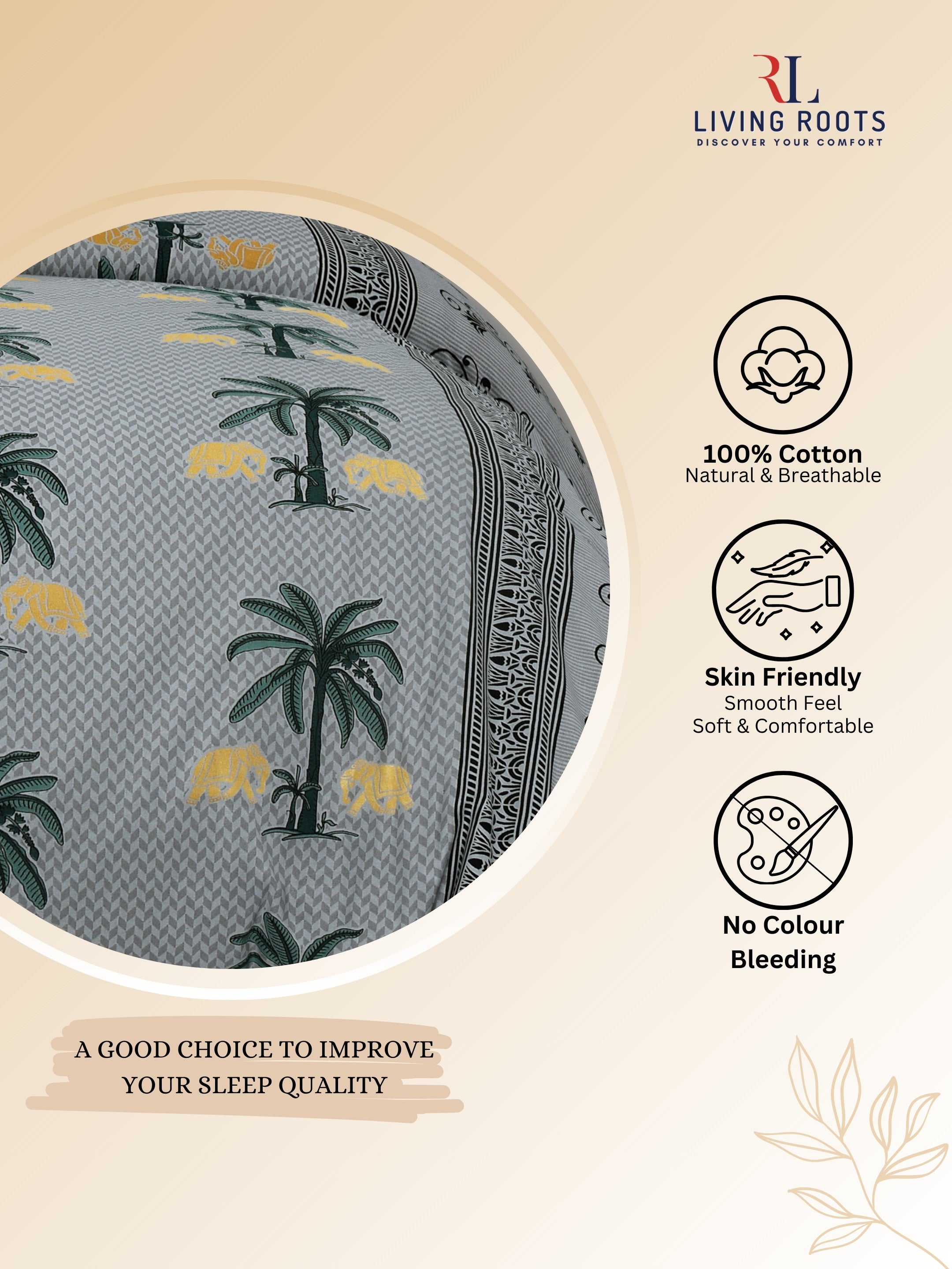 LIVING ROOTS Jaipuri Hand Block Print Double King Cotton Bedsheet 86*104 Inches (7.1*8.6 Feet) With 2 Pillow Cover | 220 TC | Rich Fast Colour With No Colour Bleeding (466-C) (Grey)