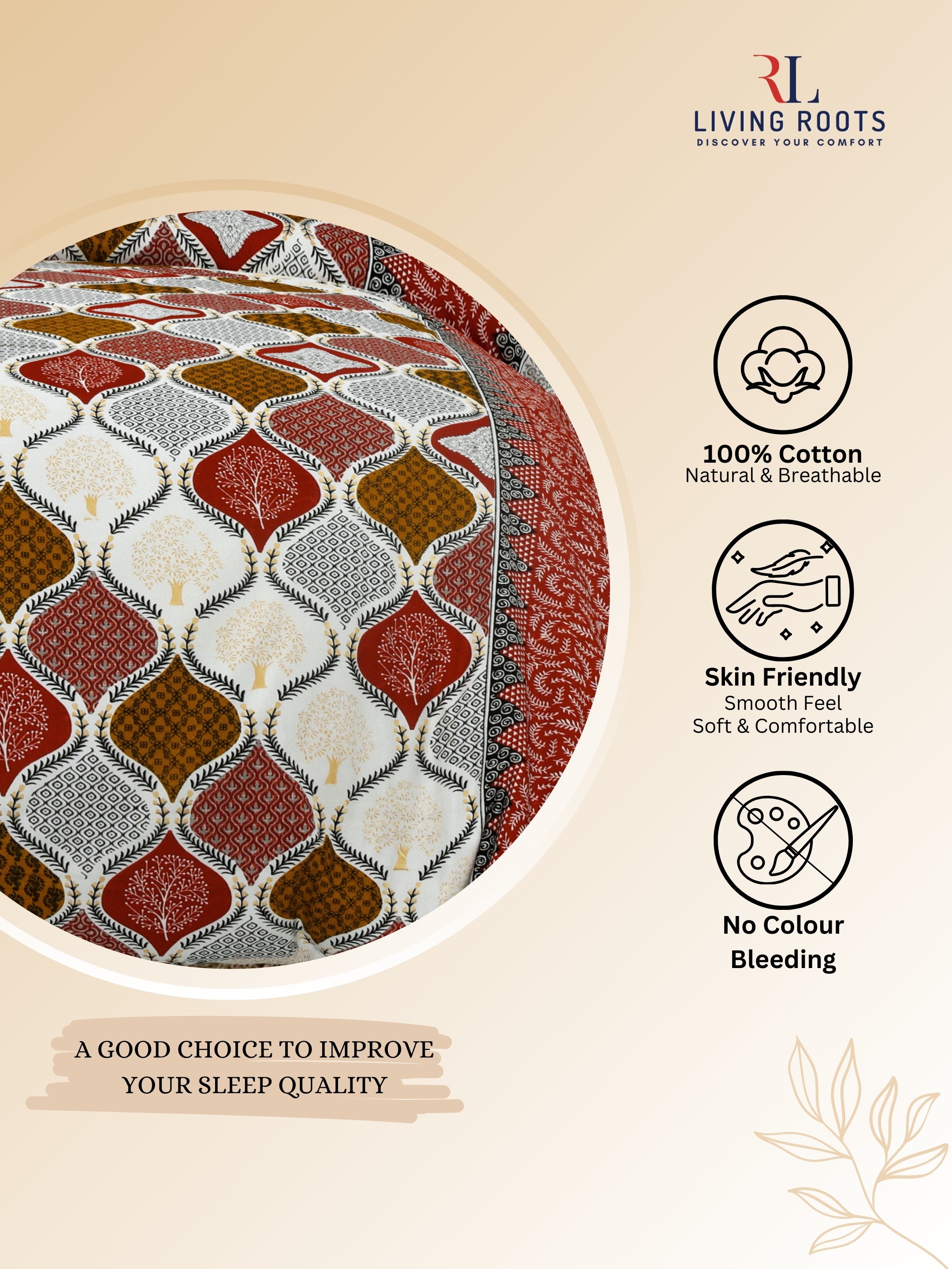 LIVING ROOTS Jaipuri Hand Block Print Double King Cotton Bedsheet 86*104 Inches (7.1*8.6 Feet) With 2 Pillow Cover | 220 TC | Rich Fast Colour With No Colour Bleeding (468-A)