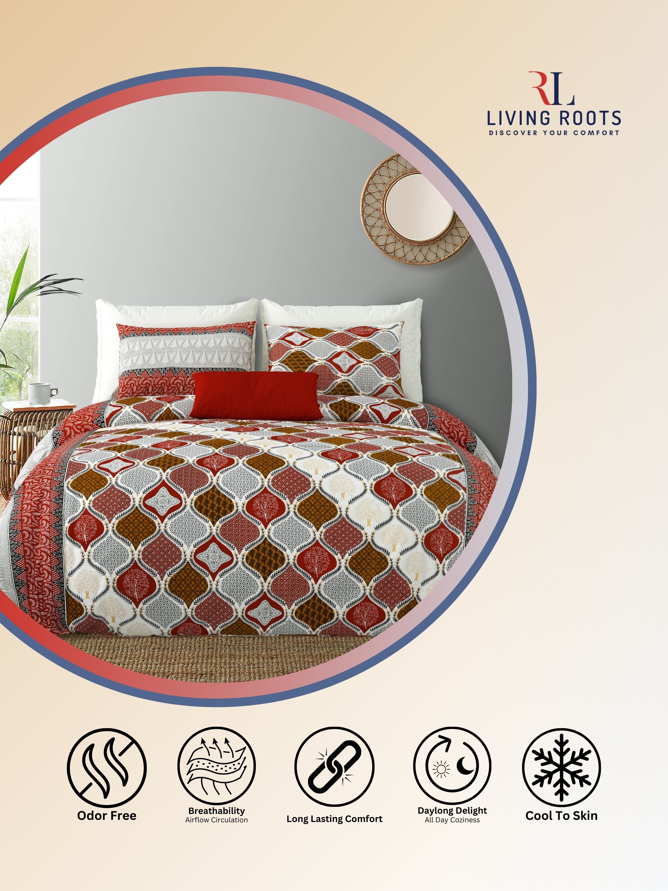 LIVING ROOTS Jaipuri Hand Block Print Double King Cotton Bedsheet 86*104 Inches (7.1*8.6 Feet) With 2 Pillow Cover | 220 TC | Rich Fast Colour With No Colour Bleeding (468-A)