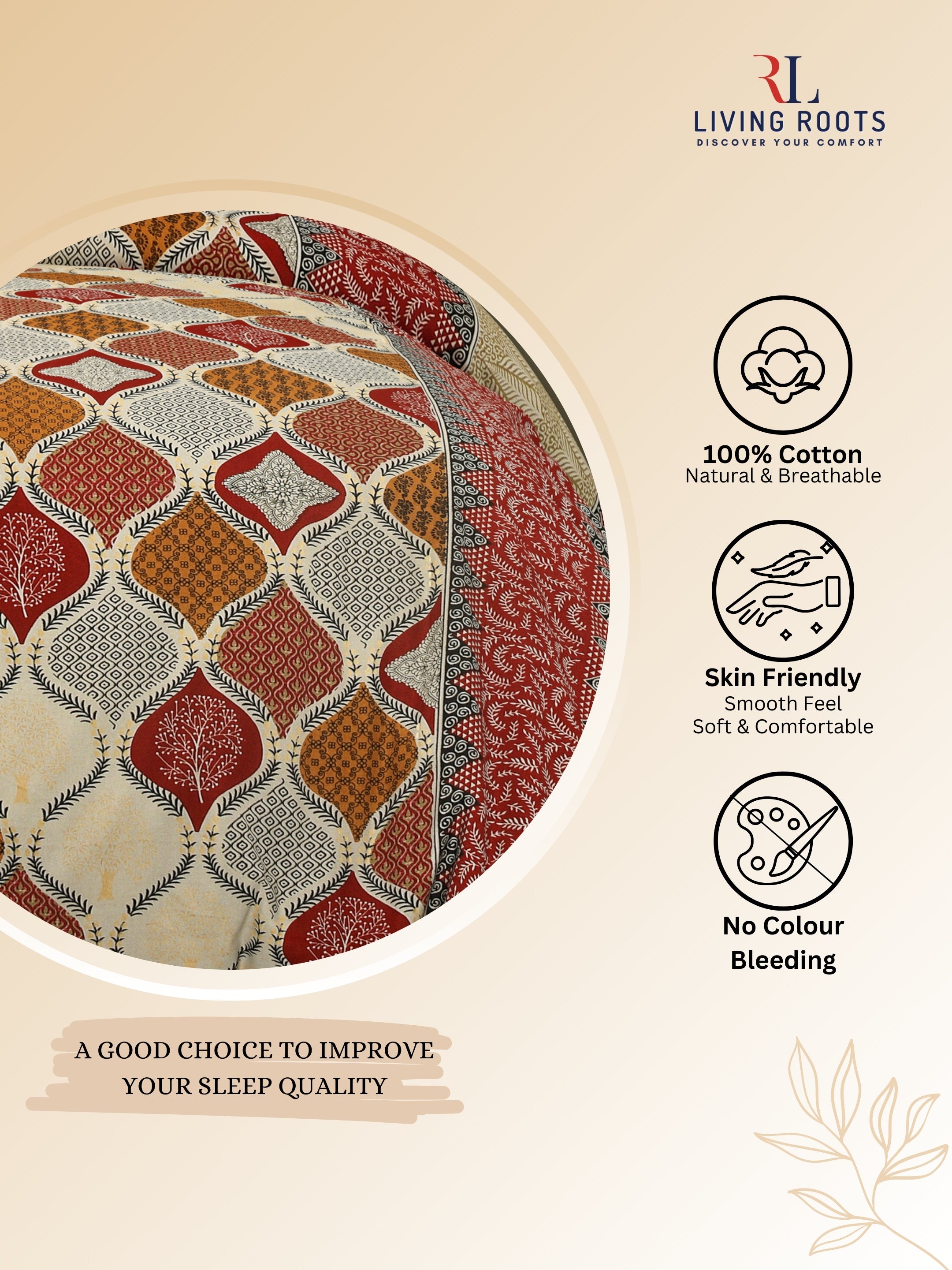 LIVING ROOTS Jaipuri Hand Block Print Double King Cotton Bedsheet 86*104 Inches (7.1*8.6 Feet) With 2 Pillow Cover | 220 TC | Rich Fast Colour With No Colour Bleeding (468-B)