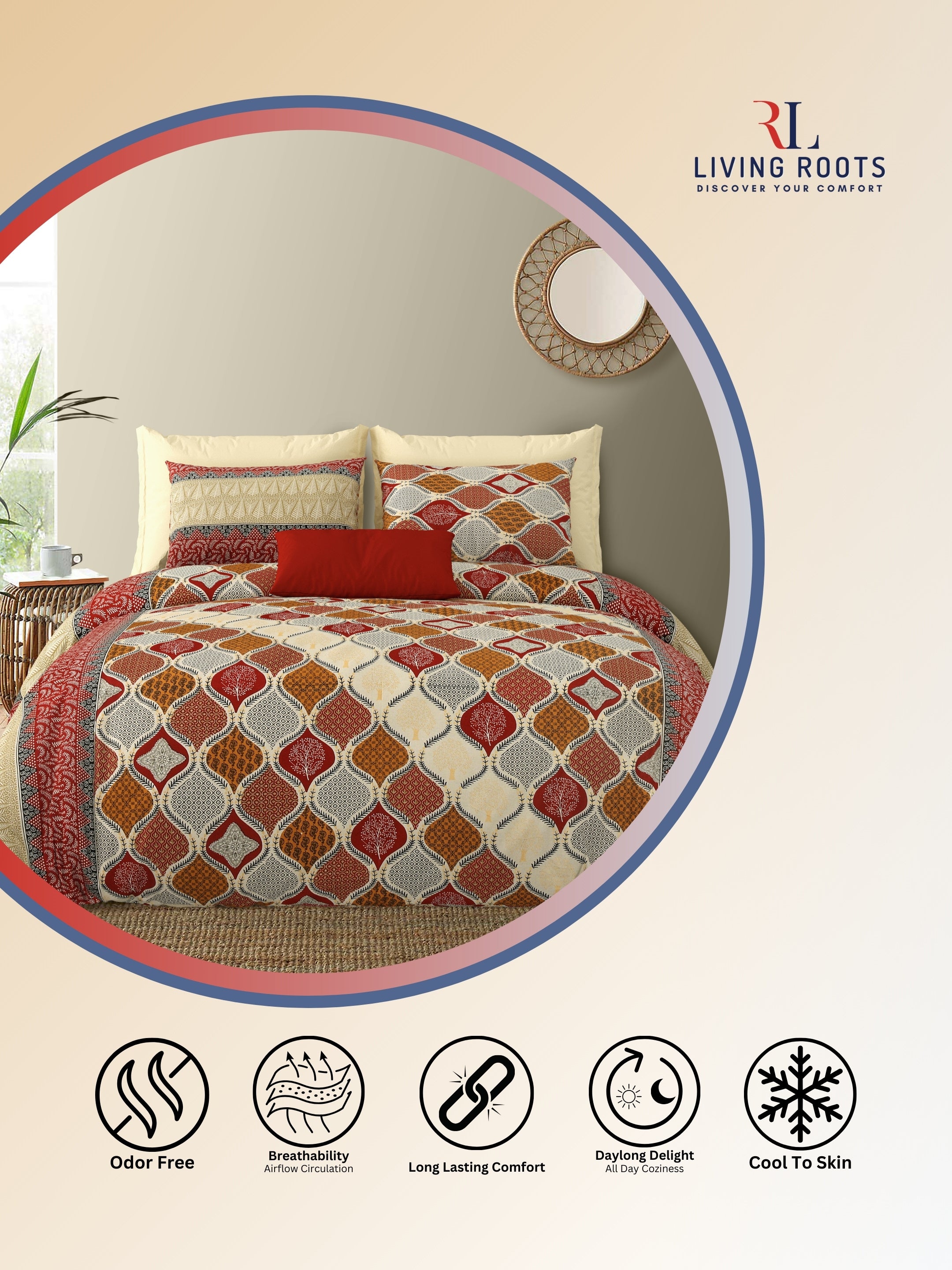 LIVING ROOTS Jaipuri Hand Block Print Double King Cotton Bedsheet 86*104 Inches (7.1*8.6 Feet) With 2 Pillow Cover | 220 TC | Rich Fast Colour With No Colour Bleeding (468-B)