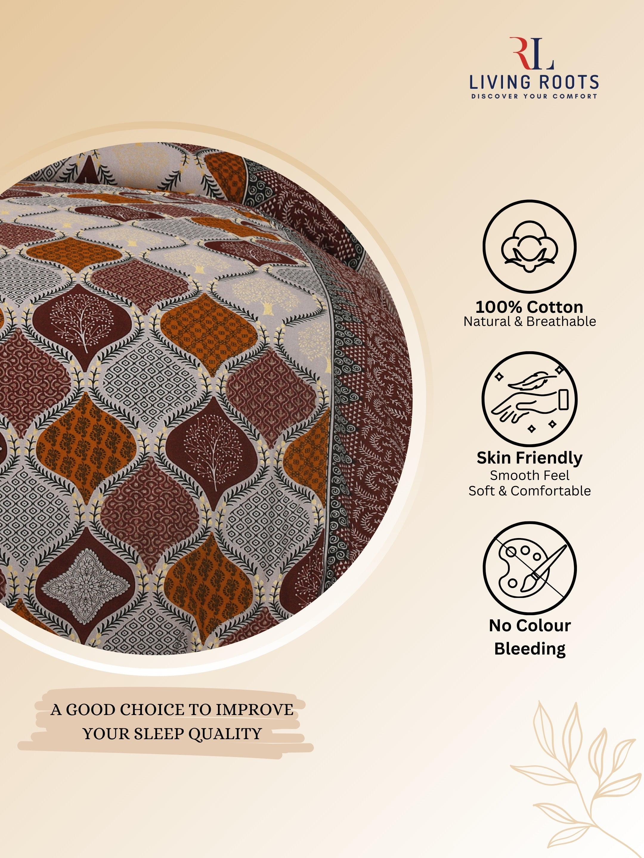 LIVING ROOTS Jaipuri Hand Block Print Double King Cotton Bedsheet 86*104 Inches (7.1*8.6 Feet) With 2 Pillow Cover | 220 TC | Rich Fast Colour With No Colour Bleeding (468-C)