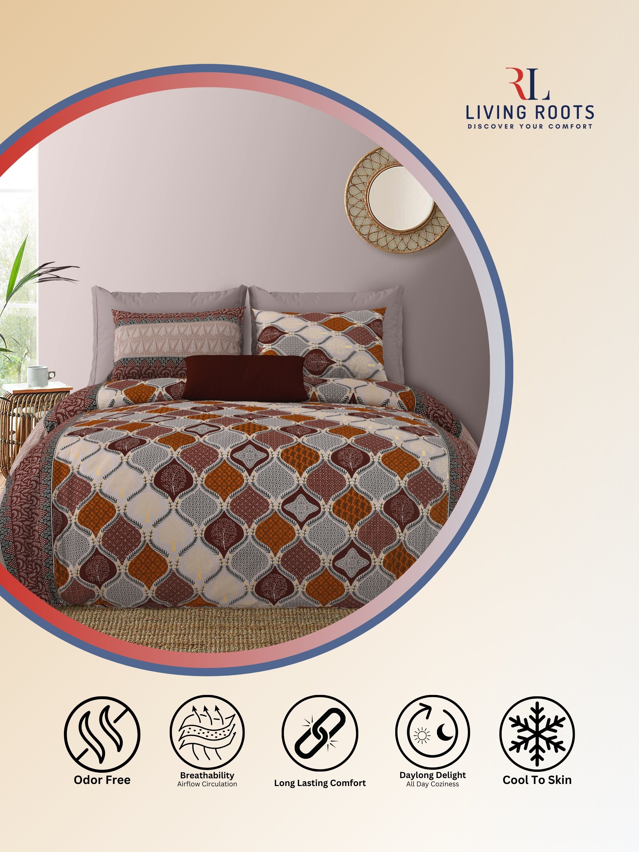 LIVING ROOTS Jaipuri Hand Block Print Double King Cotton Bedsheet 86*104 Inches (7.1*8.6 Feet) With 2 Pillow Cover | 220 TC | Rich Fast Colour With No Colour Bleeding (468-C)