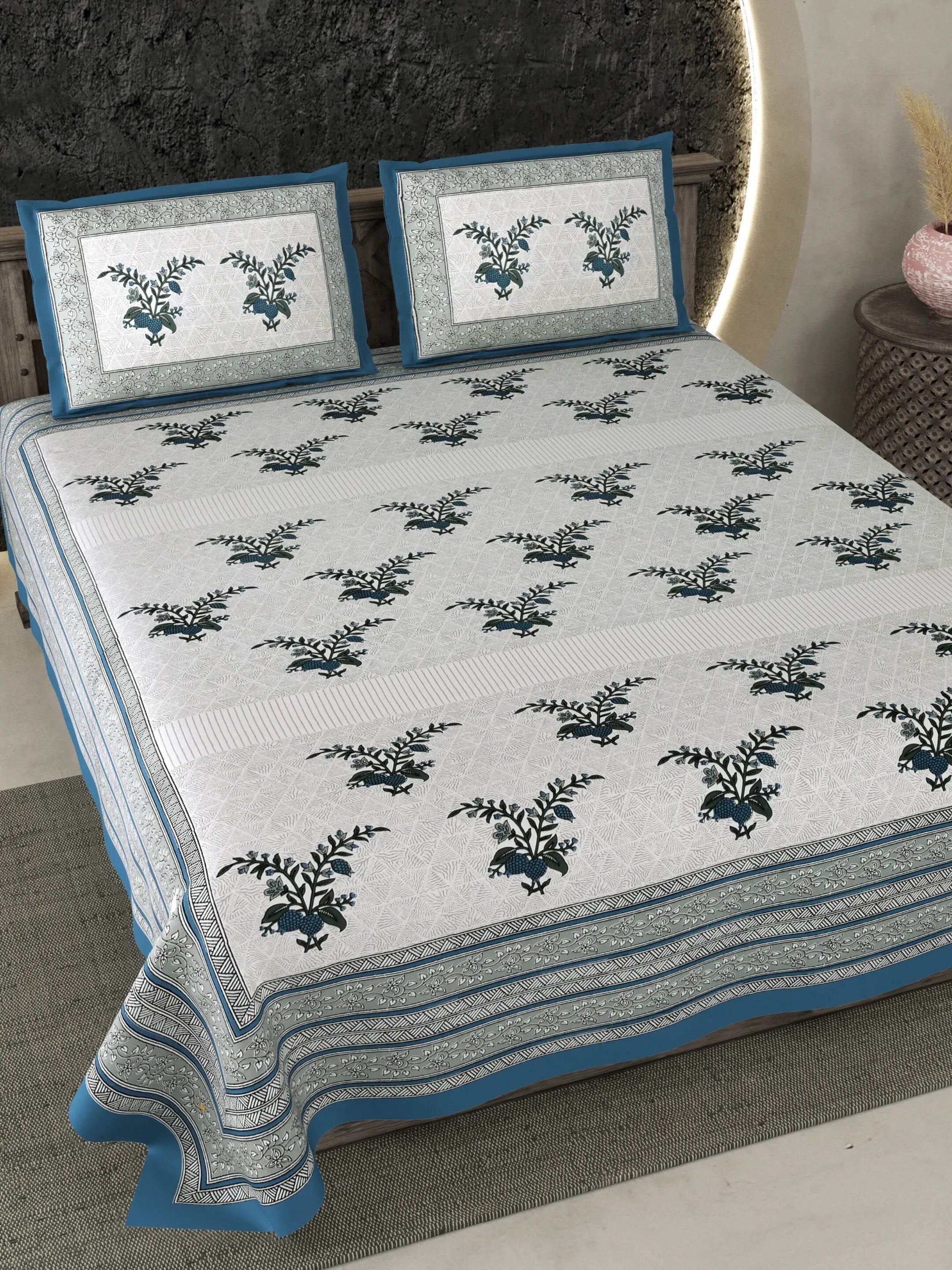 LIVING ROOTS Jaipuri Hand Block Print Double King Cotton 86*104 Inches (7.1*8.6 Feet) With 2 Pillow Cover | 220 TC | Rich Fast Colour With No Colour Bleeding (472-C) (Blue)