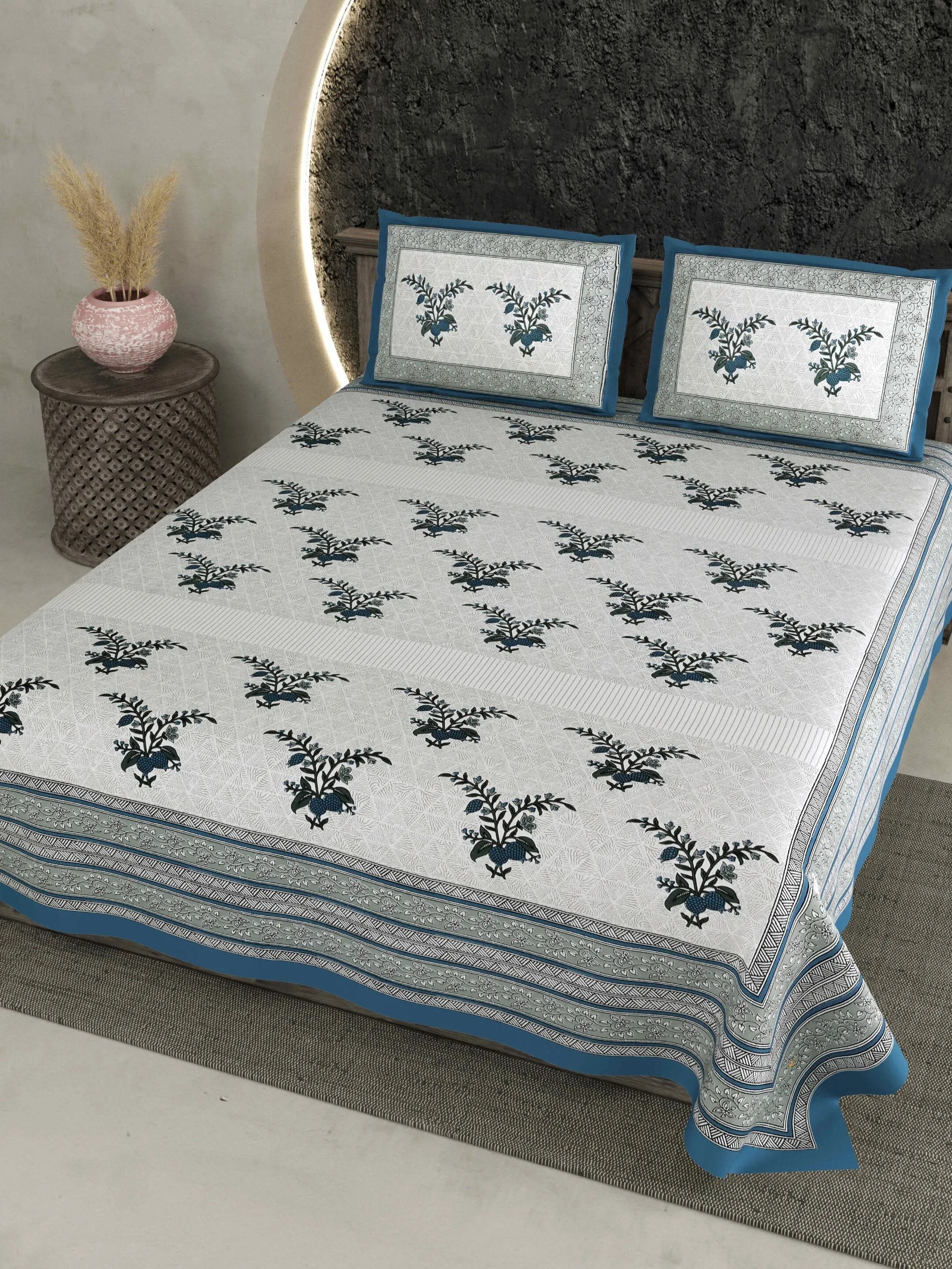 LIVING ROOTS Jaipuri Hand Block Print Double King Cotton 86*104 Inches (7.1*8.6 Feet) With 2 Pillow Cover | 220 TC | Rich Fast Colour With No Colour Bleeding (472-C) (Blue)