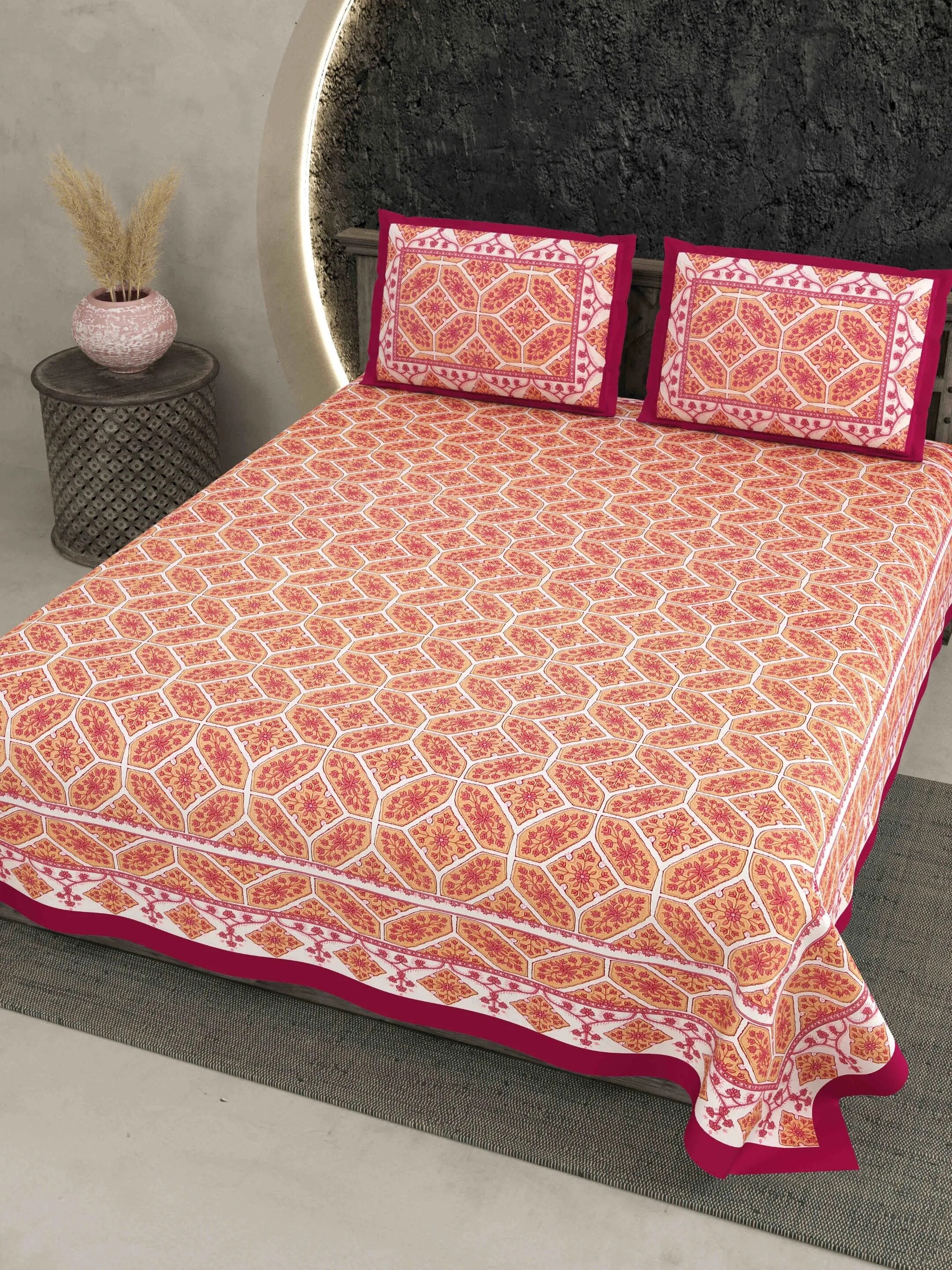 LIVING ROOTS Jaipuri Hand Block Print Double King Cotton 86*104 Inches (7.1*8.6 Feet) With 2 Pillow Cover | 220 TC | Rich Fast Colour With No Colour Bleeding (473-A)