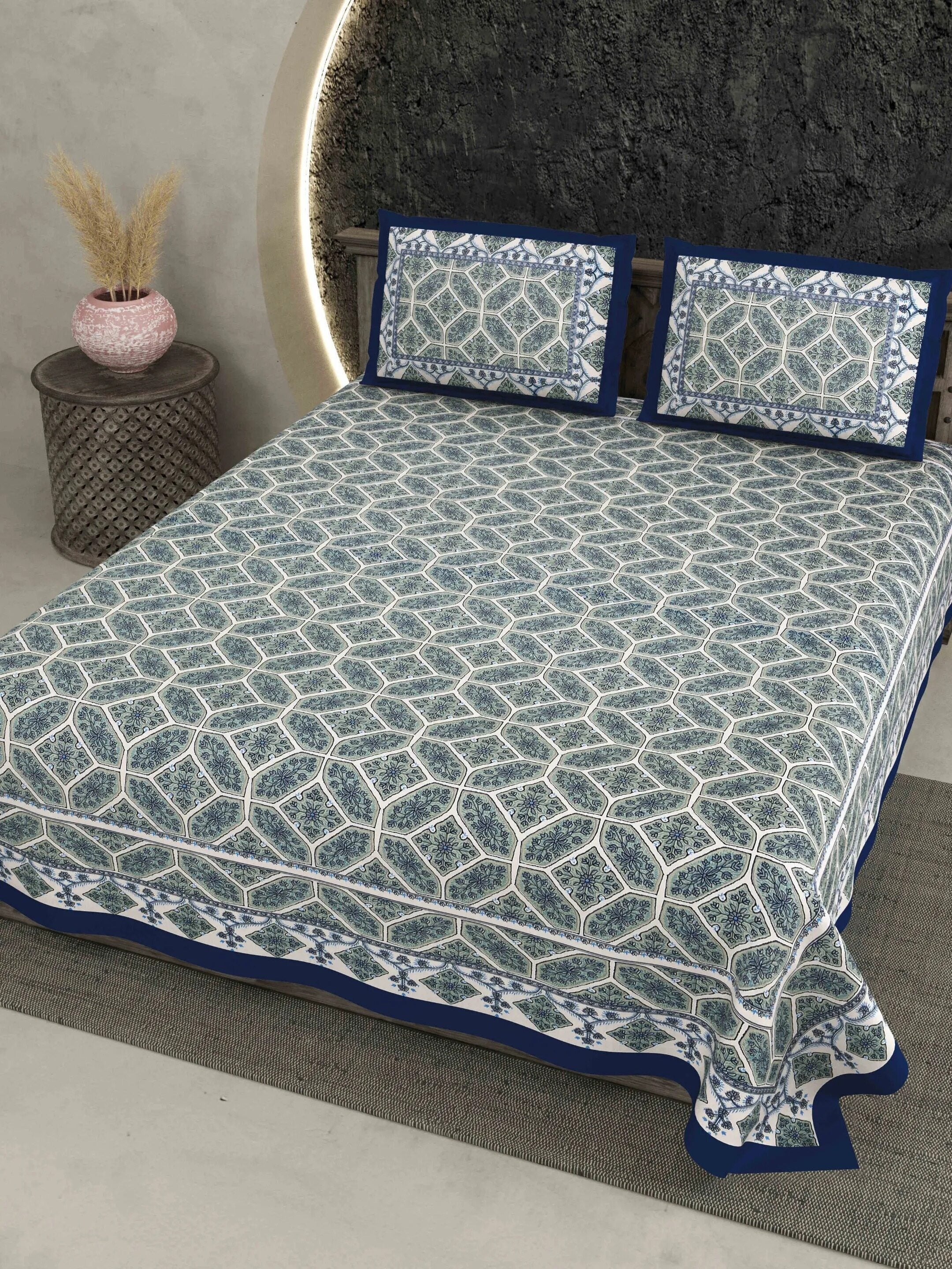 LIVING ROOTS Jaipuri Hand Block Print Double King Cotton 86*104 Inches (7.1*8.6 Feet) With 2 Pillow Cover | 220 TC | Rich Fast Colour With No Colour Bleeding (473-B) (Blue)