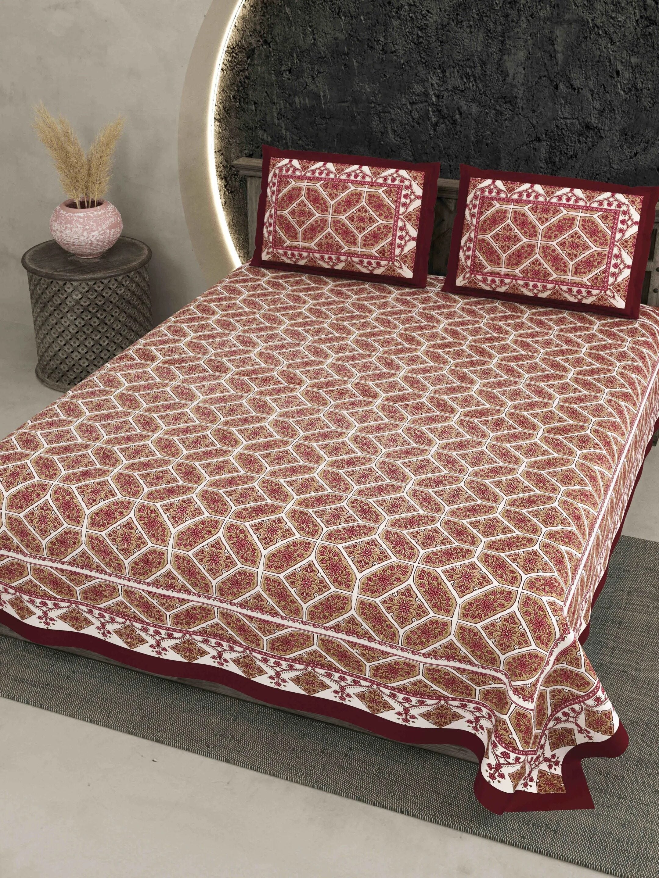 LIVING ROOTS Jaipuri Hand Block Print Double King Cotton 86*104 Inches (7.1*8.6 Feet) With 2 Pillow Cover | 220 TC | Rich Fast Colour With No Colour Bleeding (473-C) (Maroon)