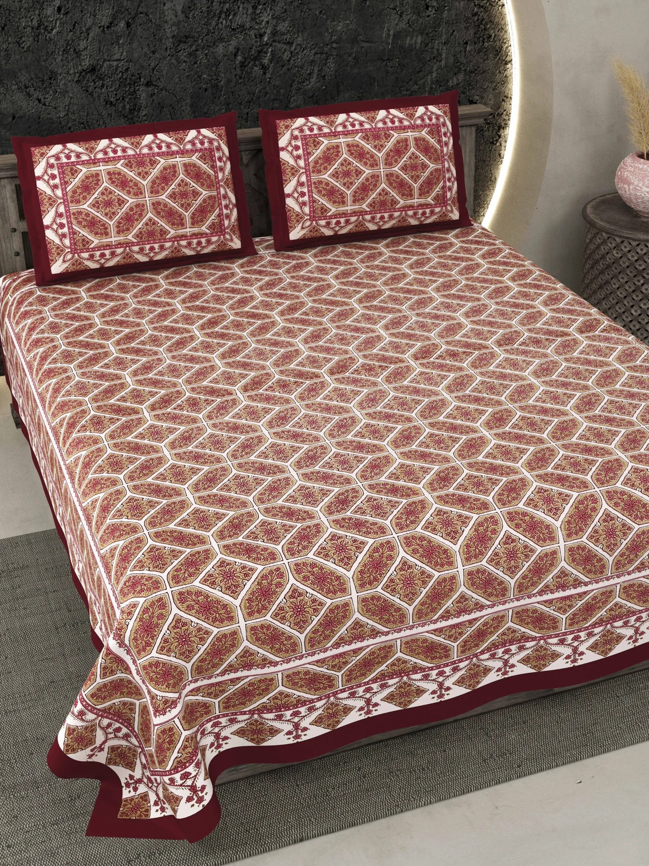 LIVING ROOTS Jaipuri Hand Block Print Double King Cotton 86*104 Inches (7.1*8.6 Feet) With 2 Pillow Cover | 220 TC | Rich Fast Colour With No Colour Bleeding (473-C) (Maroon)