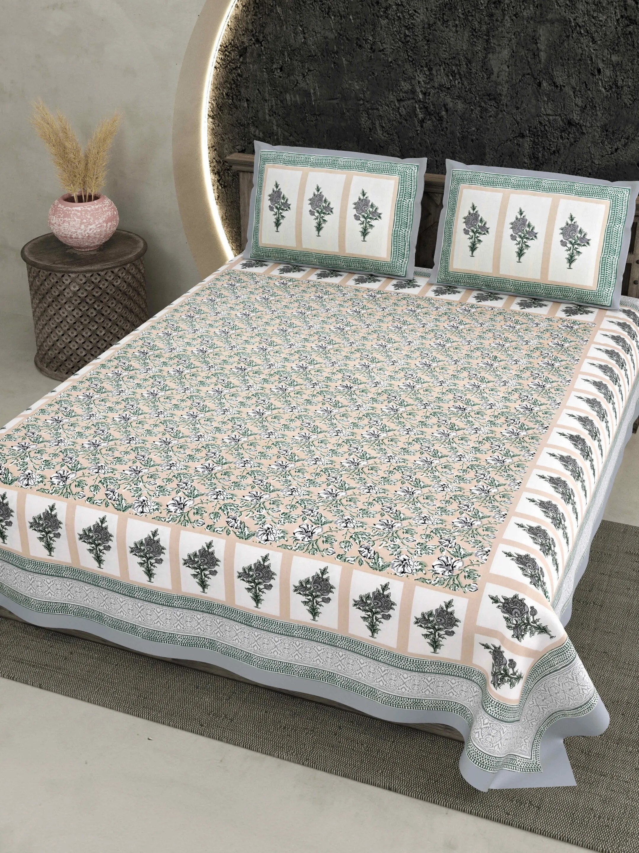 LIVING ROOTS Jaipuri Hand Block Print Double King Cotton 86*104 Inches (7.1*8.6 Feet) With 2 Pillow Cover | 220 TC | Rich Fast Colour With No Colour Bleeding (476-A) (Grey)
