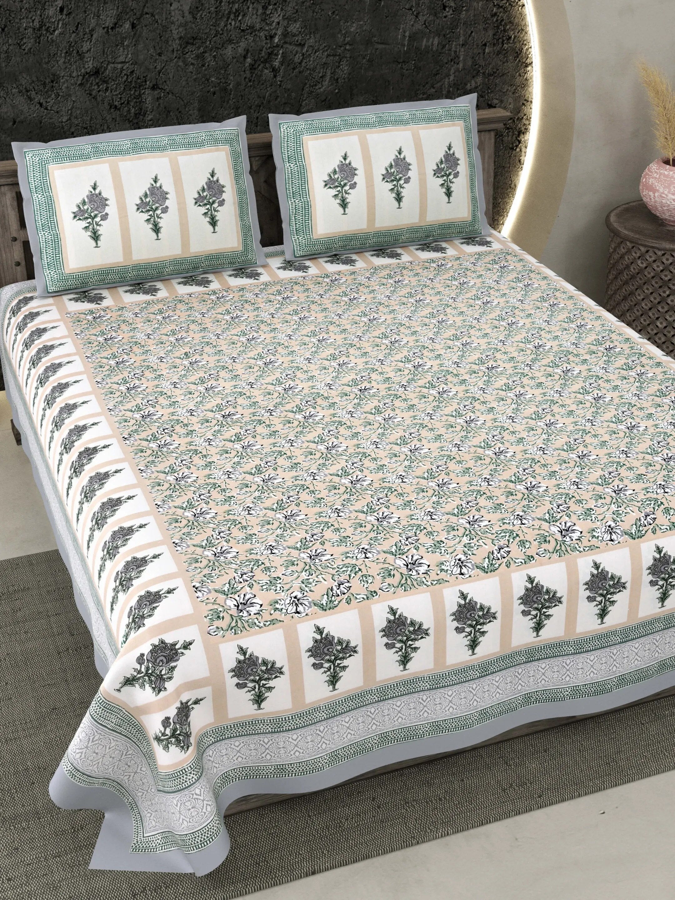 LIVING ROOTS Jaipuri Hand Block Print Double King Cotton 86*104 Inches (7.1*8.6 Feet) With 2 Pillow Cover | 220 TC | Rich Fast Colour With No Colour Bleeding (476-A) (Grey)