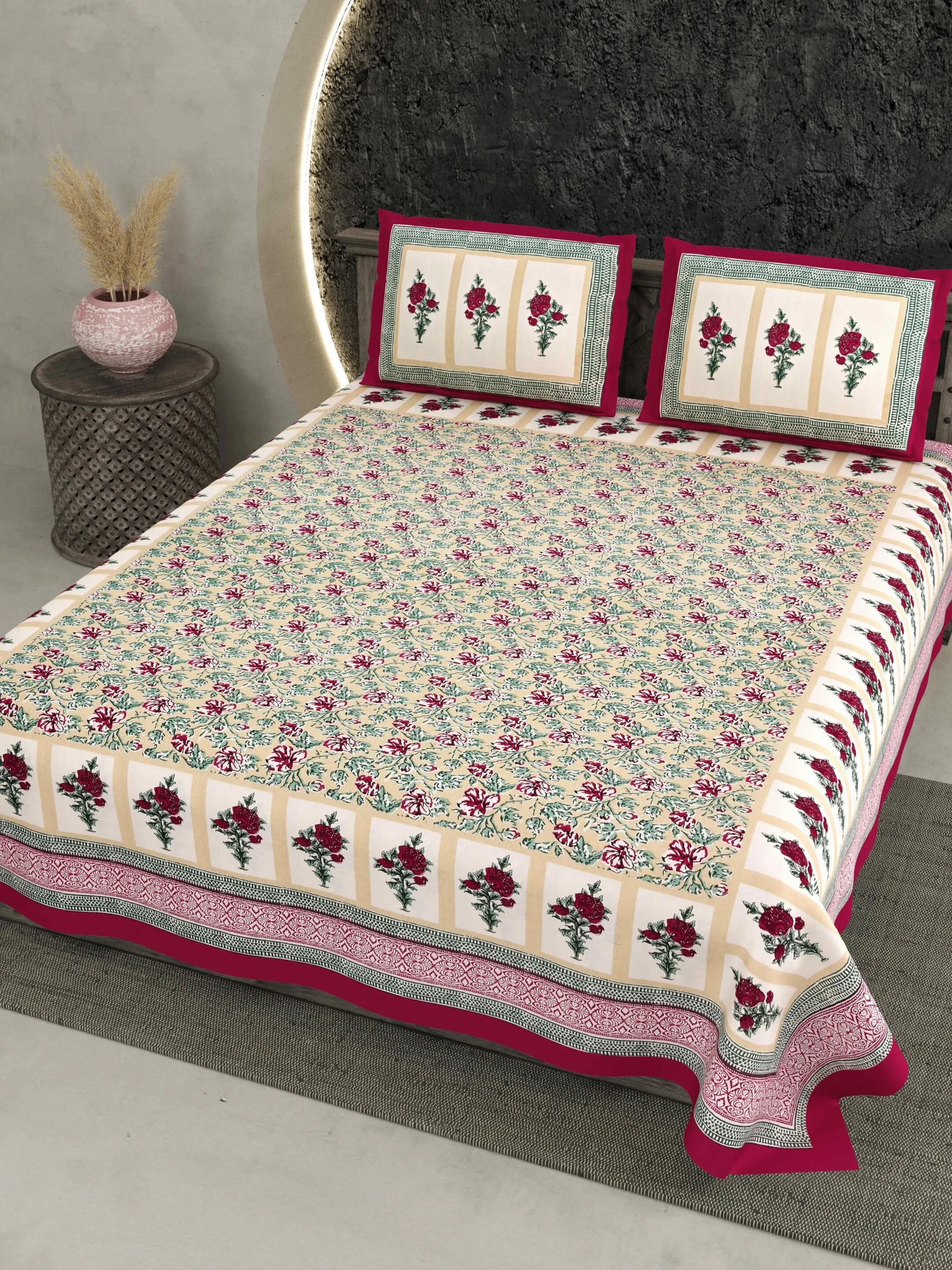 LIVING ROOTS Jaipuri Hand Block Print Double King Cotton 86*104 Inches (7.1*8.6 Feet) With 2 Pillow Cover | 220 TC | Rich Fast Colour With No Colour Bleeding (476-B) (Pink)