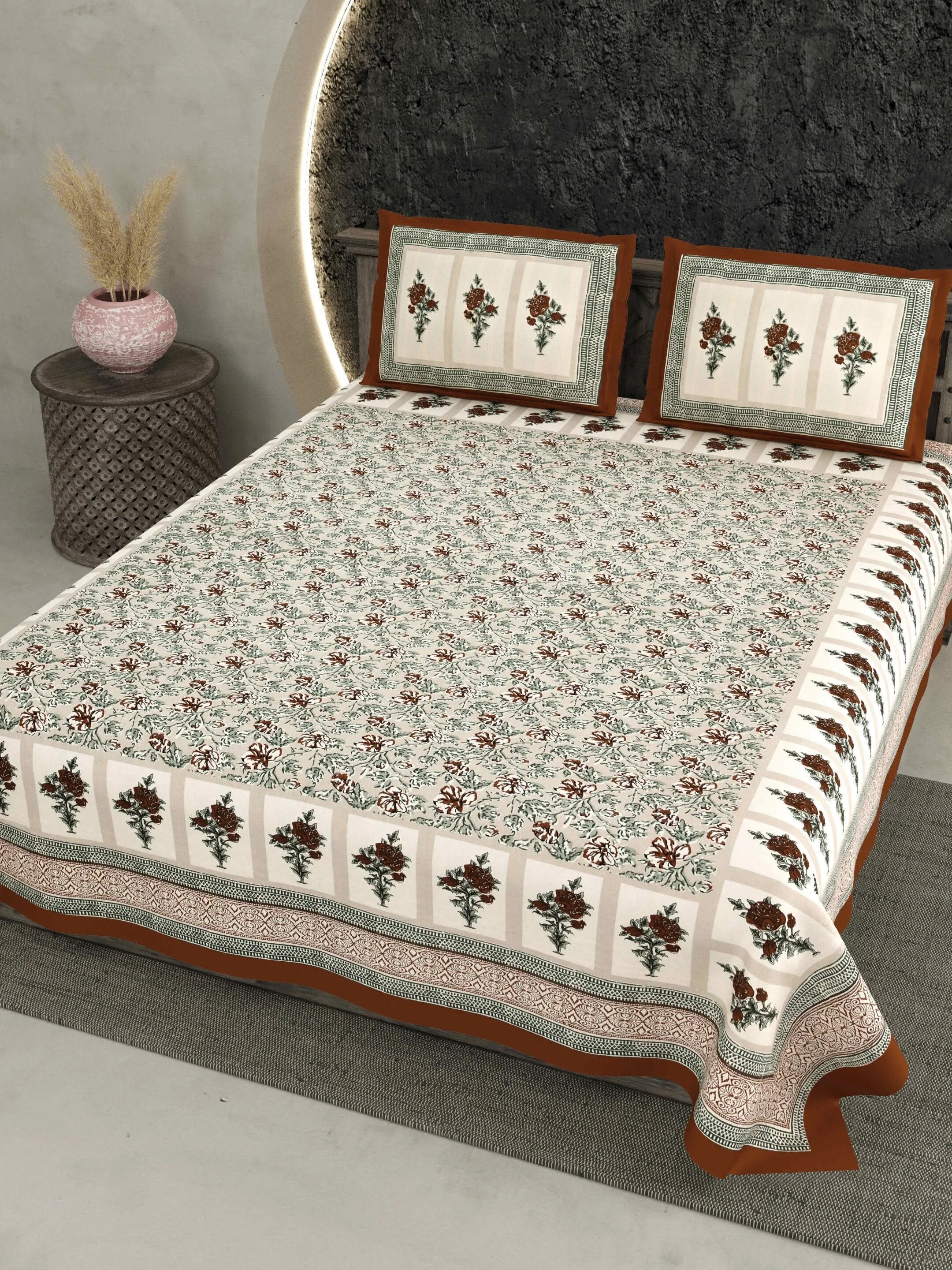 LIVING ROOTS Jaipuri Hand Block Print Double King Cotton 86*104 Inches (7.1*8.6 Feet) With 2 Pillow Cover | 220 TC | Rich Fast Colour With No Colour Bleeding (476-C) (Brown)