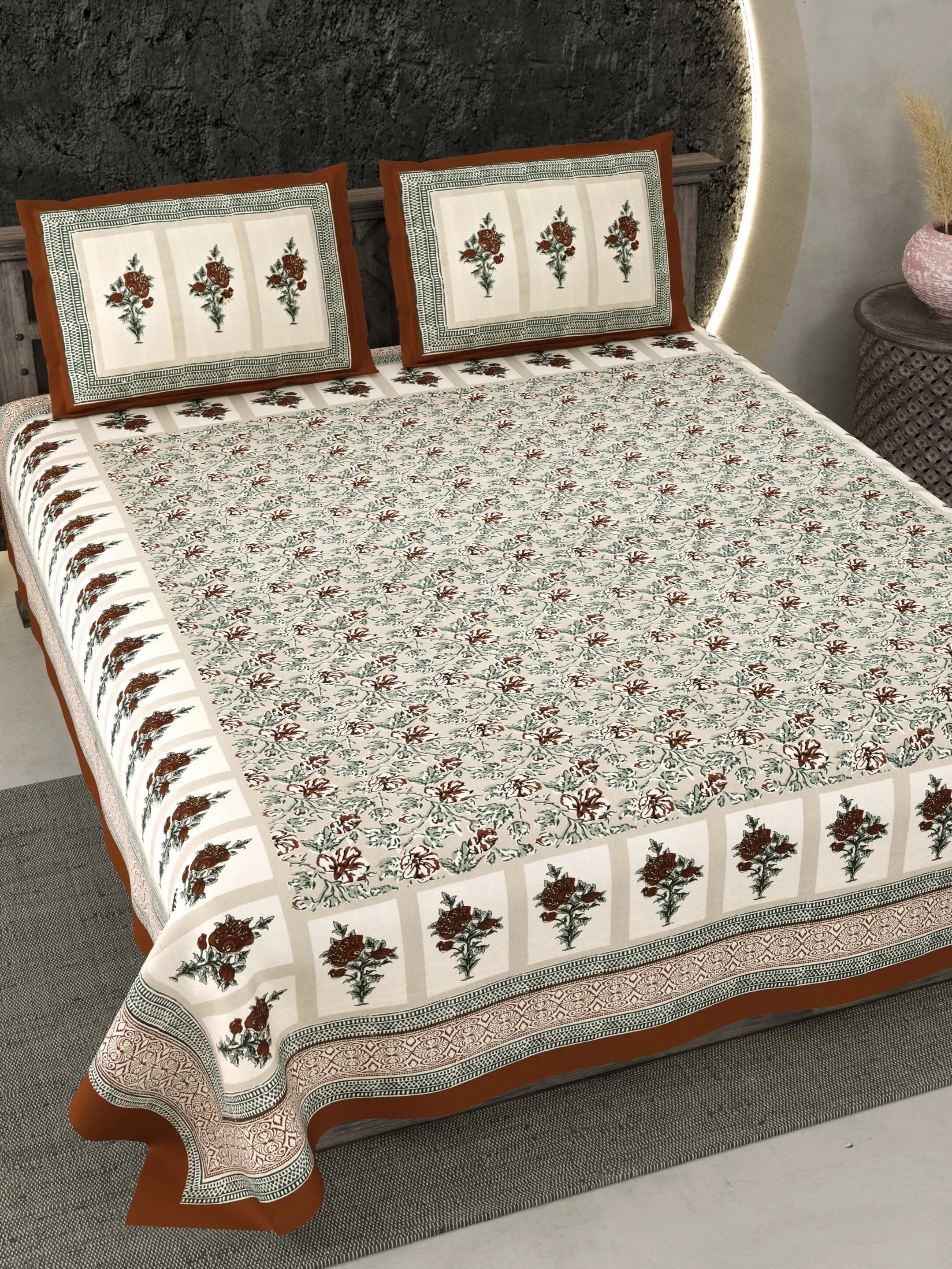 LIVING ROOTS Jaipuri Hand Block Print Double King Cotton 86*104 Inches (7.1*8.6 Feet) With 2 Pillow Cover | 220 TC | Rich Fast Colour With No Colour Bleeding (476-C) (Brown)