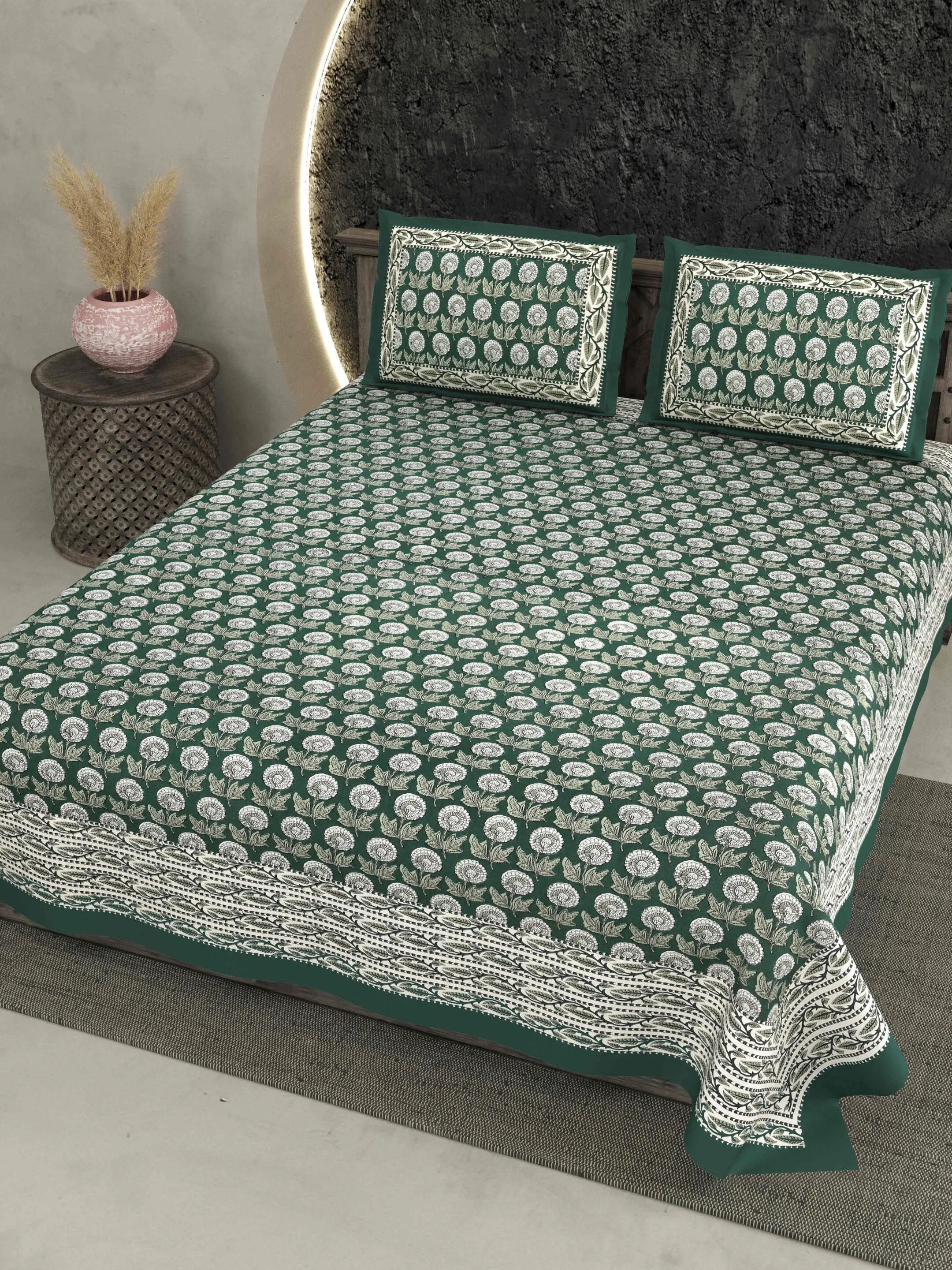 LIVING ROOTS Jaipuri Hand Block Print Double King Cotton 86*104 Inches (7.1*8.6 Feet) With 2 Pillow Cover | 220 TC | Rich Fast Colour With No Colour Bleeding (477-A) (Green)