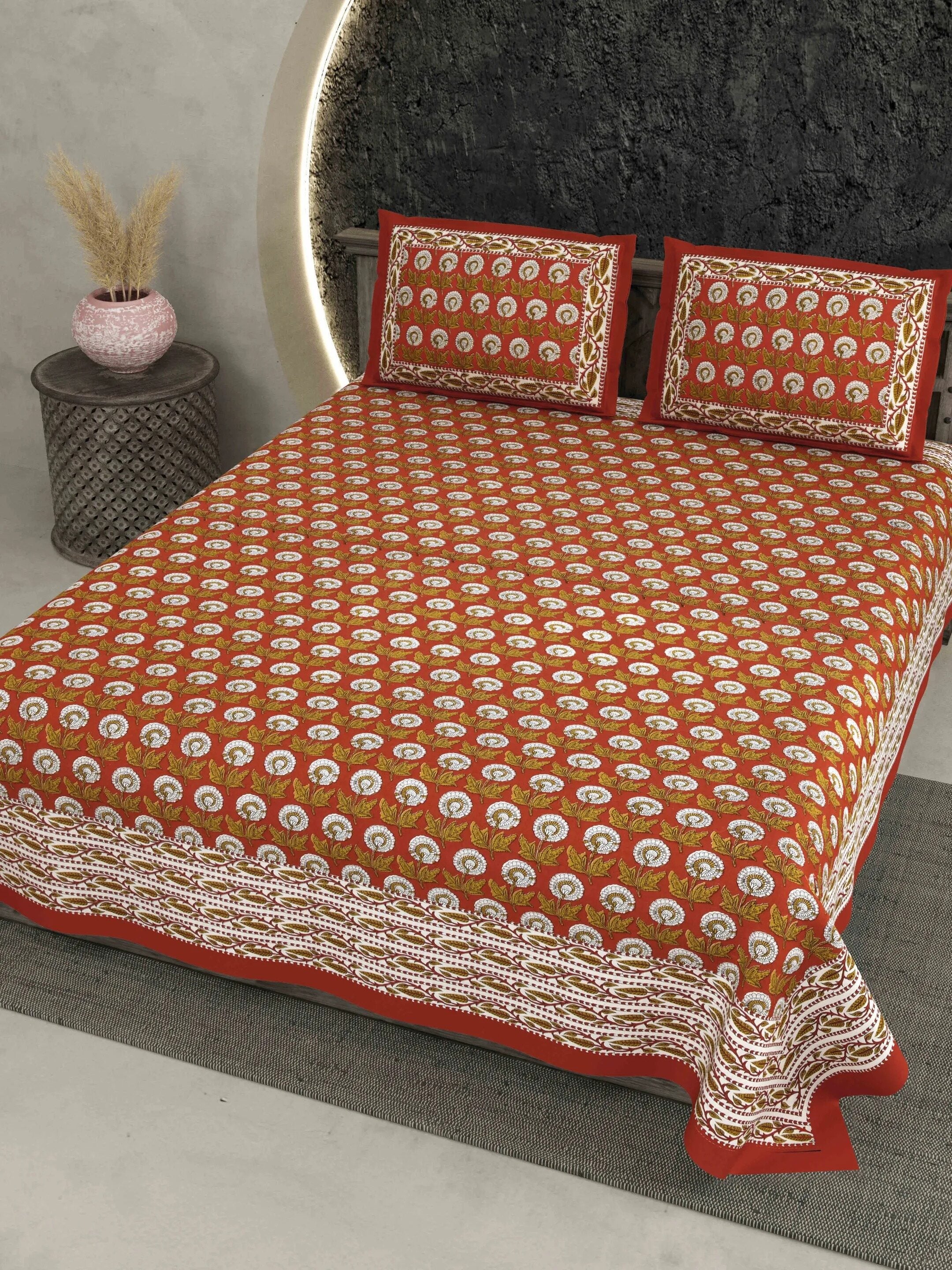 LIVING ROOTS Jaipuri Hand Block Print Double King Cotton 86*104 Inches (7.1*8.6 Feet) With 2 Pillow Cover | 220 TC | Rich Fast Colour With No Colour Bleeding (477-B) (Red)
