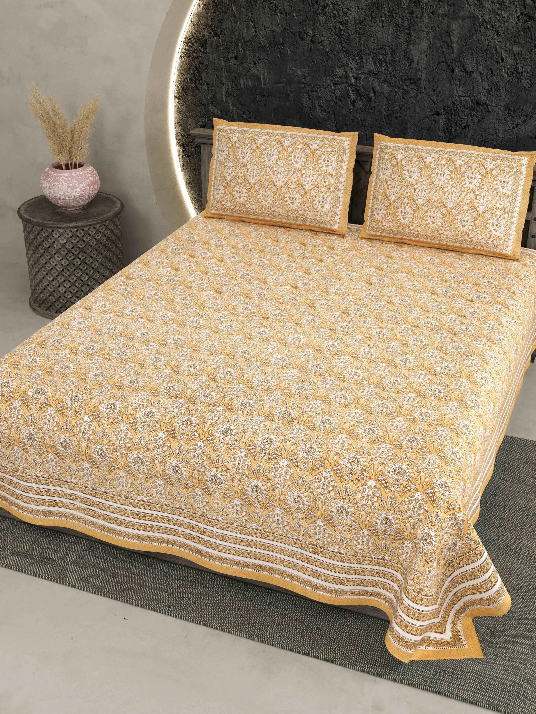 LIVING ROOTS Jaipuri Hand Block Print Double King Cotton 86*104 Inches (7.1*8.6 Feet) With 2 Pillow Cover | 220 TC | Rich Fast Colour With No Colour Bleeding (479-A) (Yellow)
