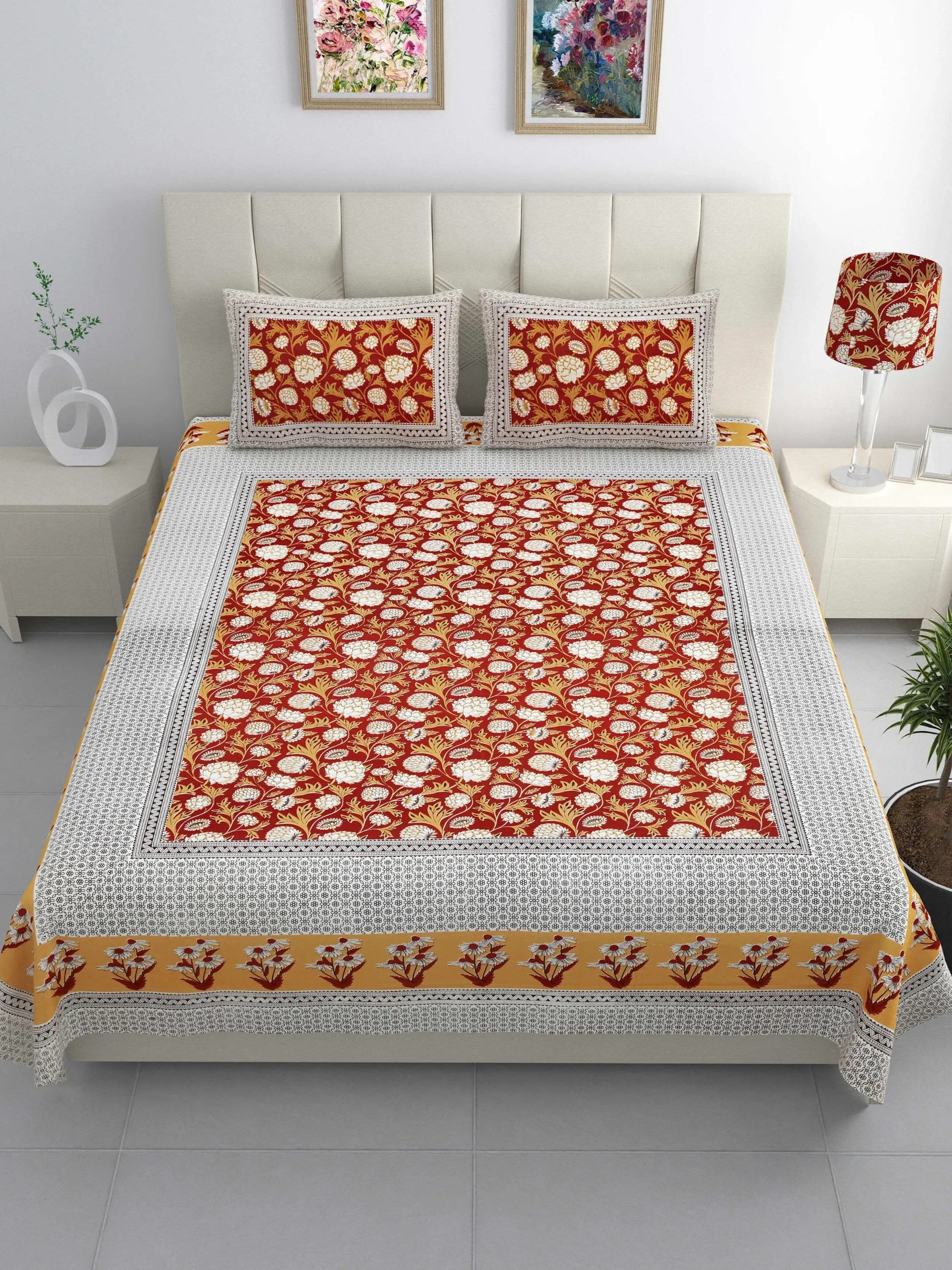 LIVING ROOTS Jaipuri Hand Block Print Double King Cotton 86*104 Inches (7.1*8.6 Feet) With 2 Pillow Cover | 220 TC | Rich Fast Colour With No Colour Bleeding (480-A) (Red)