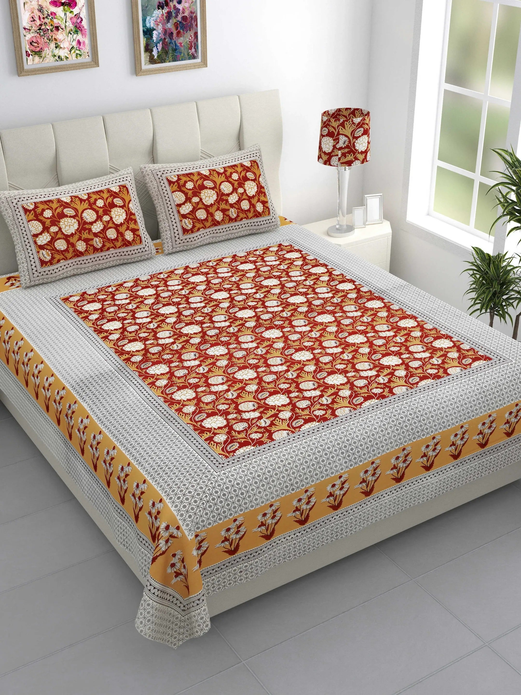 LIVING ROOTS Jaipuri Hand Block Print Double King Cotton 86*104 Inches (7.1*8.6 Feet) With 2 Pillow Cover | 220 TC | Rich Fast Colour With No Colour Bleeding (480-A) (Red)