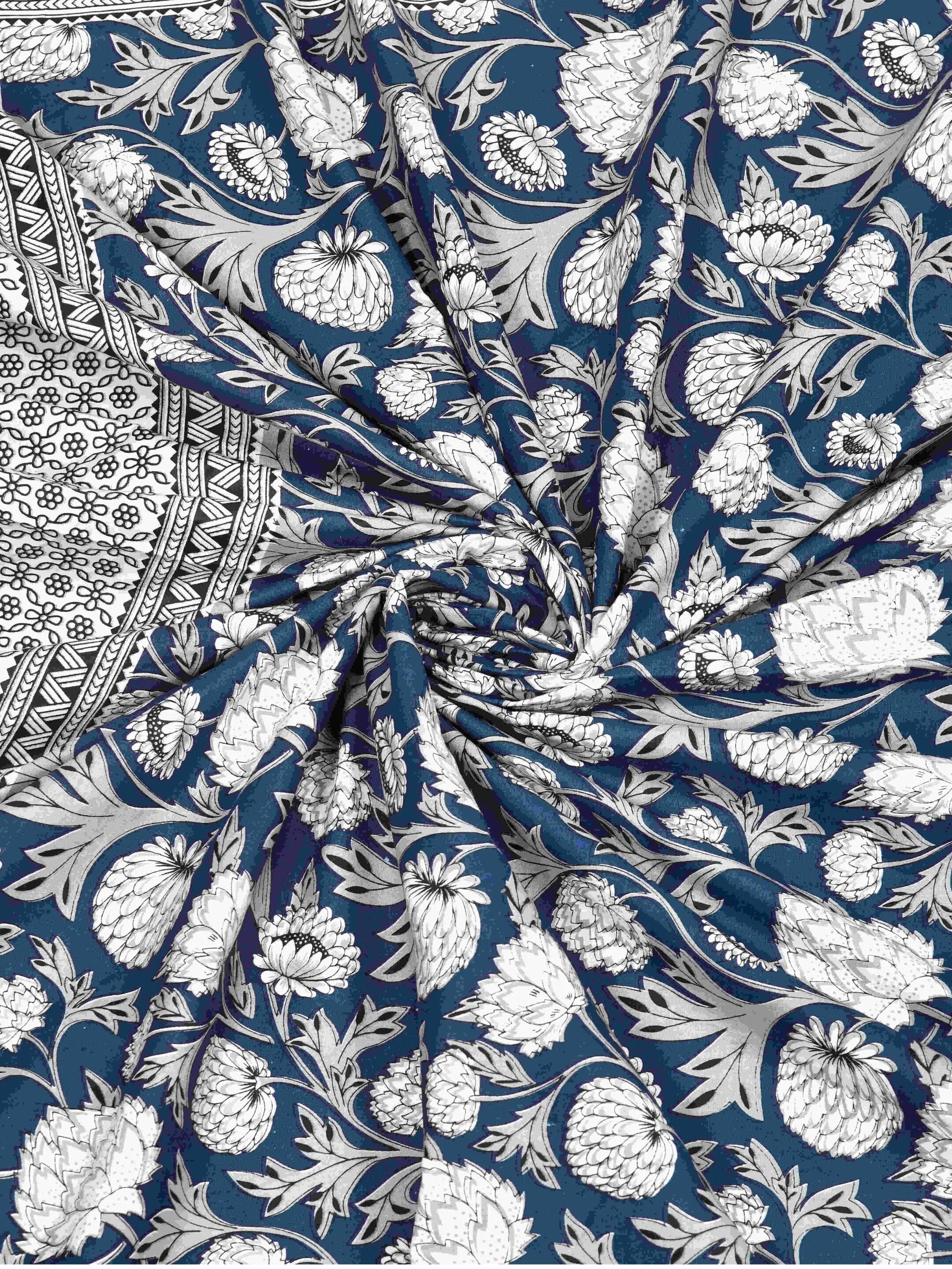 LIVING ROOTS Jaipuri Hand Block Print Double King Cotton 86*104 Inches (7.1*8.6 Feet) With 2 Pillow Cover | 220 TC | Rich Fast Colour With No Colour Bleeding (480-B) (Blue)