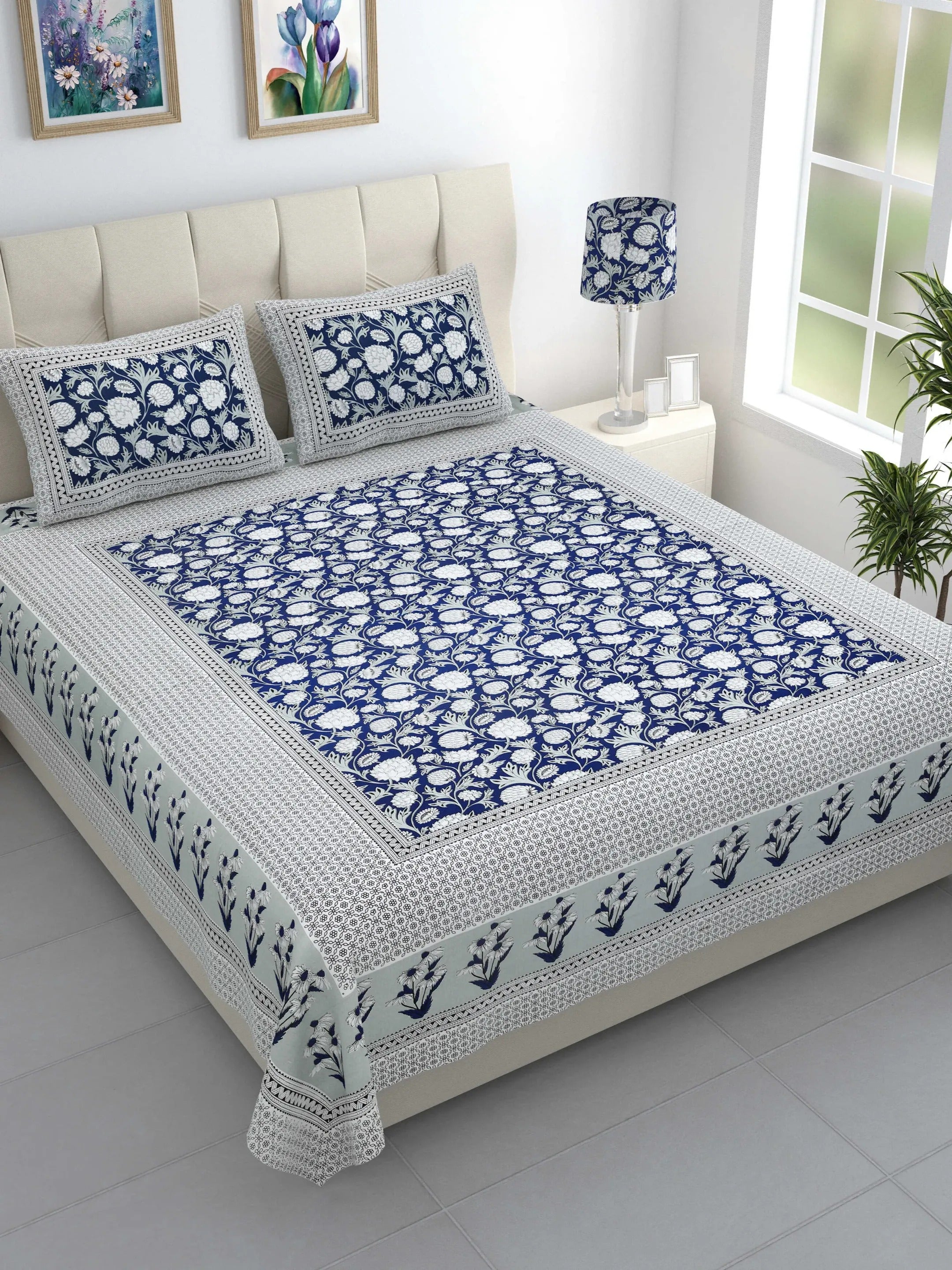 LIVING ROOTS Jaipuri Hand Block Print Double King Cotton 86*104 Inches (7.1*8.6 Feet) With 2 Pillow Cover | 220 TC | Rich Fast Colour With No Colour Bleeding (480-B) (Blue)