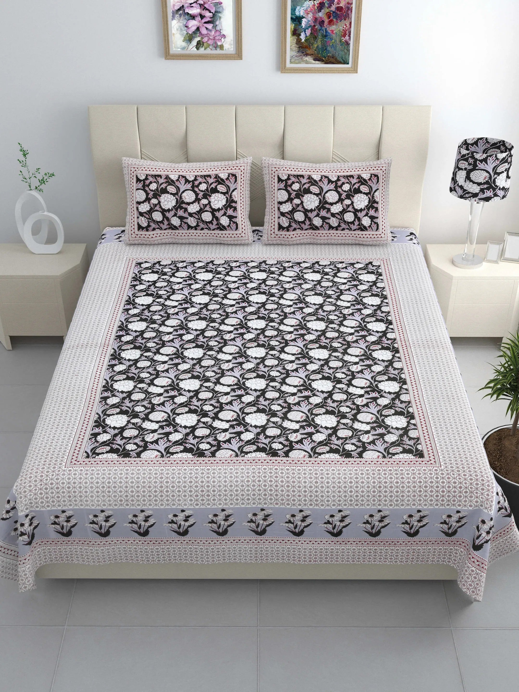 LIVING ROOTS Jaipuri Hand Block Print Double King Cotton 86*104 Inches (7.1*8.6 Feet) With 2 Pillow Cover | 220 TC | Rich Fast Colour With No Colour Bleeding (480-C) (Black)