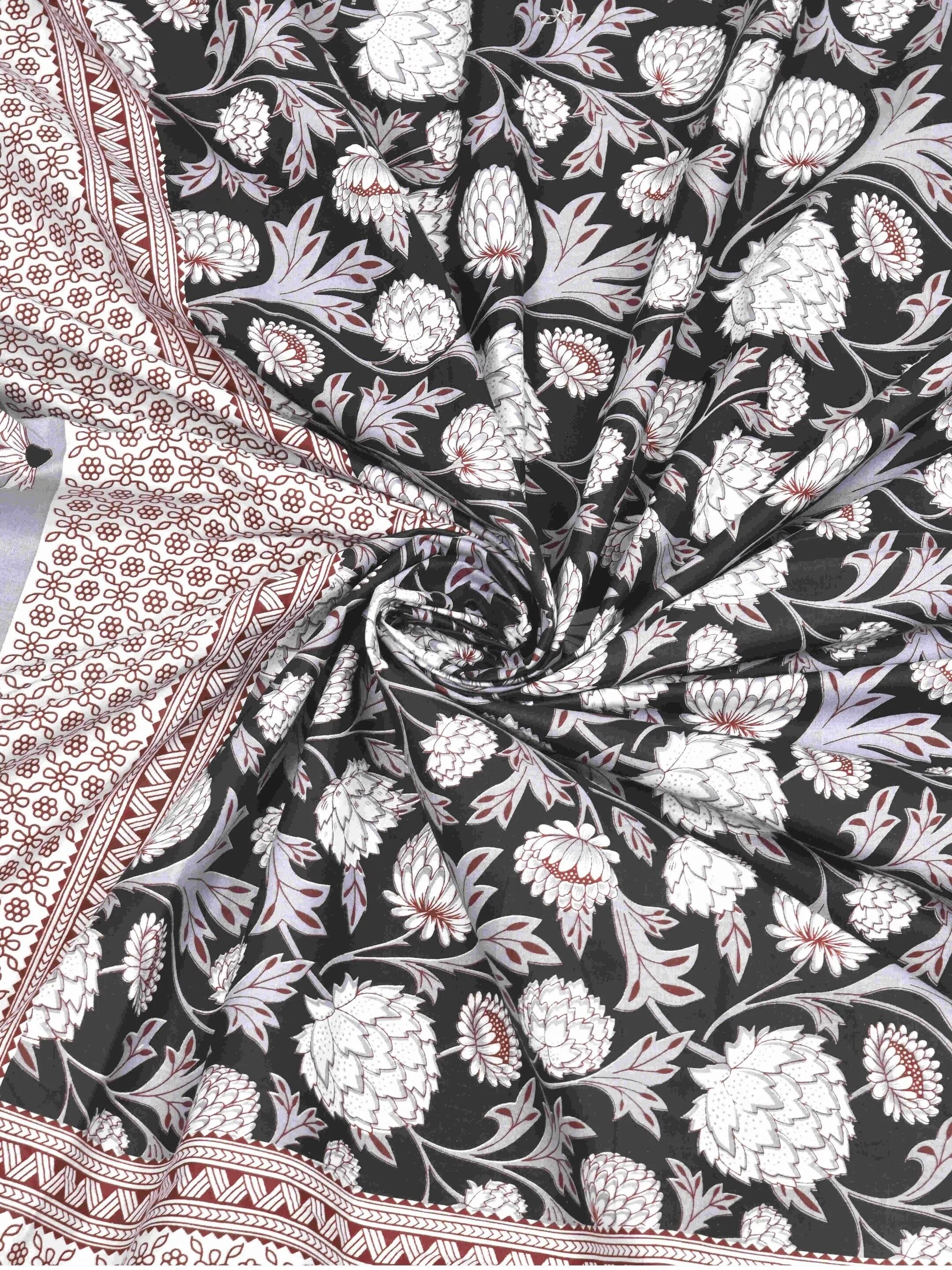 LIVING ROOTS Jaipuri Hand Block Print Double King Cotton 86*104 Inches (7.1*8.6 Feet) With 2 Pillow Cover | 220 TC | Rich Fast Colour With No Colour Bleeding (480-C) (Black)