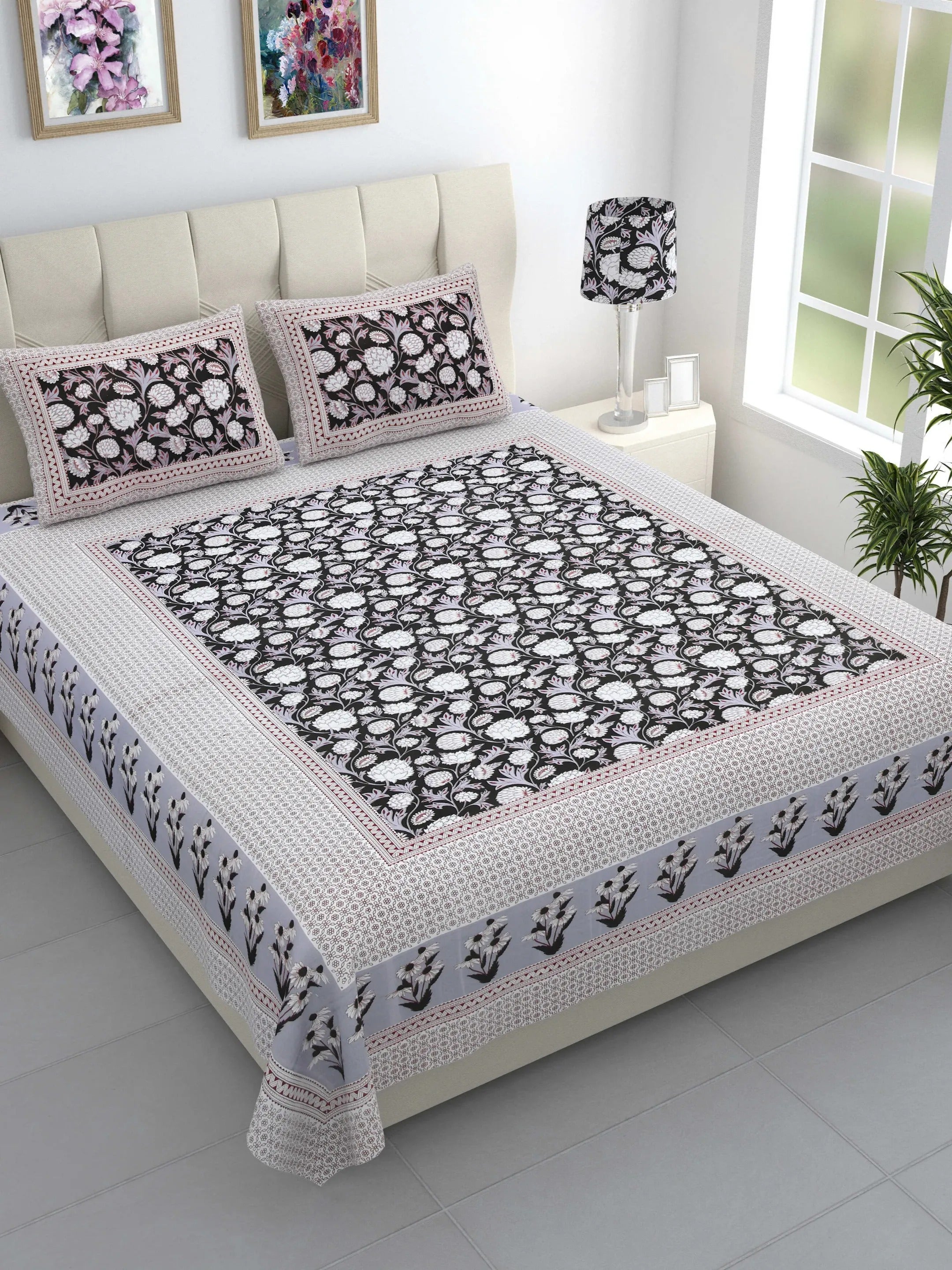 LIVING ROOTS Jaipuri Hand Block Print Double King Cotton 86*104 Inches (7.1*8.6 Feet) With 2 Pillow Cover | 220 TC | Rich Fast Colour With No Colour Bleeding (480-C) (Black)