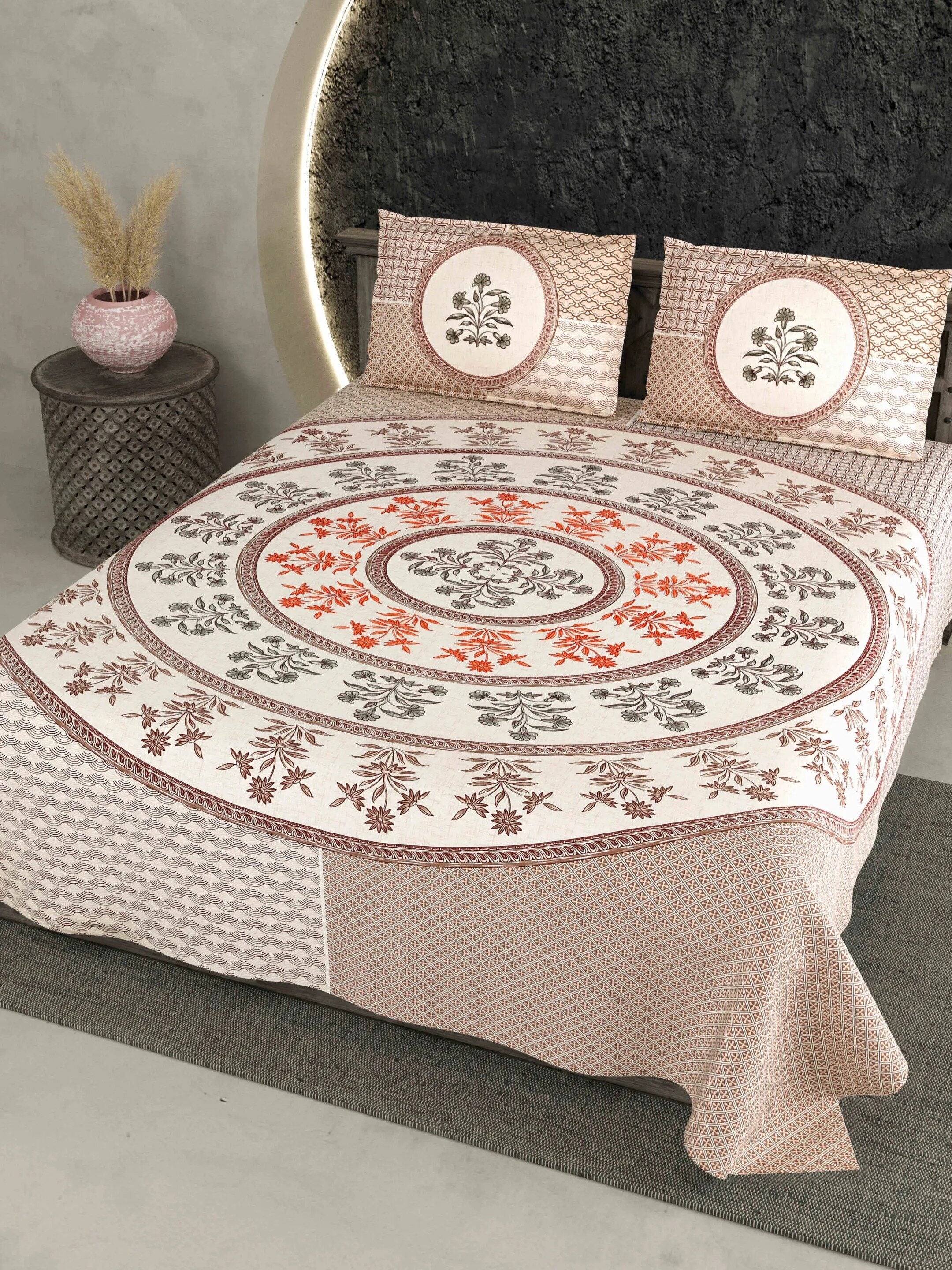 LIVING ROOTS Jaipuri Hand Block Print Double King Cotton Bedsheet 86*104 Inches (7.1*8.6 Feet) With 2 Pillow Cover | 220 TC | Rich Fast Colour With No Colour Bleeding (484-A) (Beige)