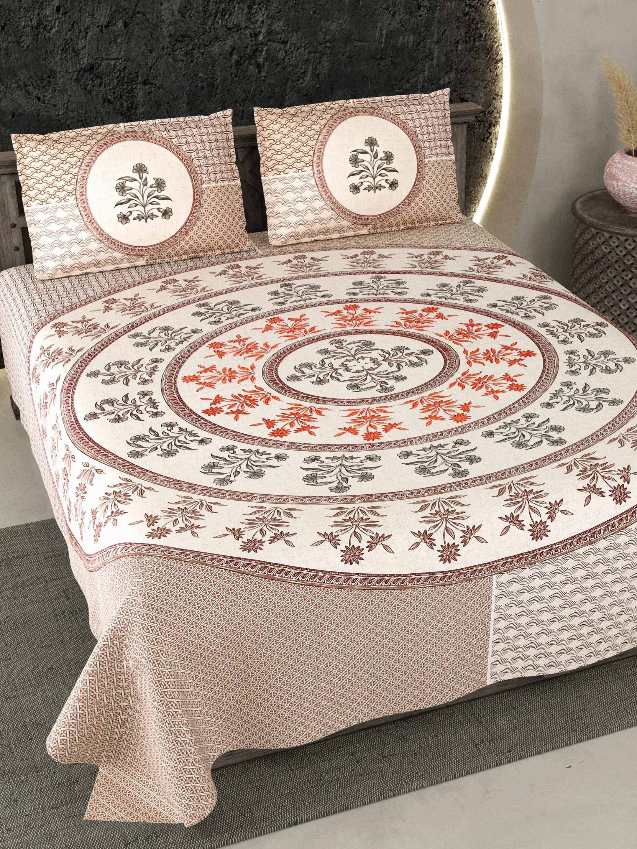 LIVING ROOTS Jaipuri Hand Block Print Double King Cotton Bedsheet 86*104 Inches (7.1*8.6 Feet) With 2 Pillow Cover | 220 TC | Rich Fast Colour With No Colour Bleeding (484-A) (Beige)