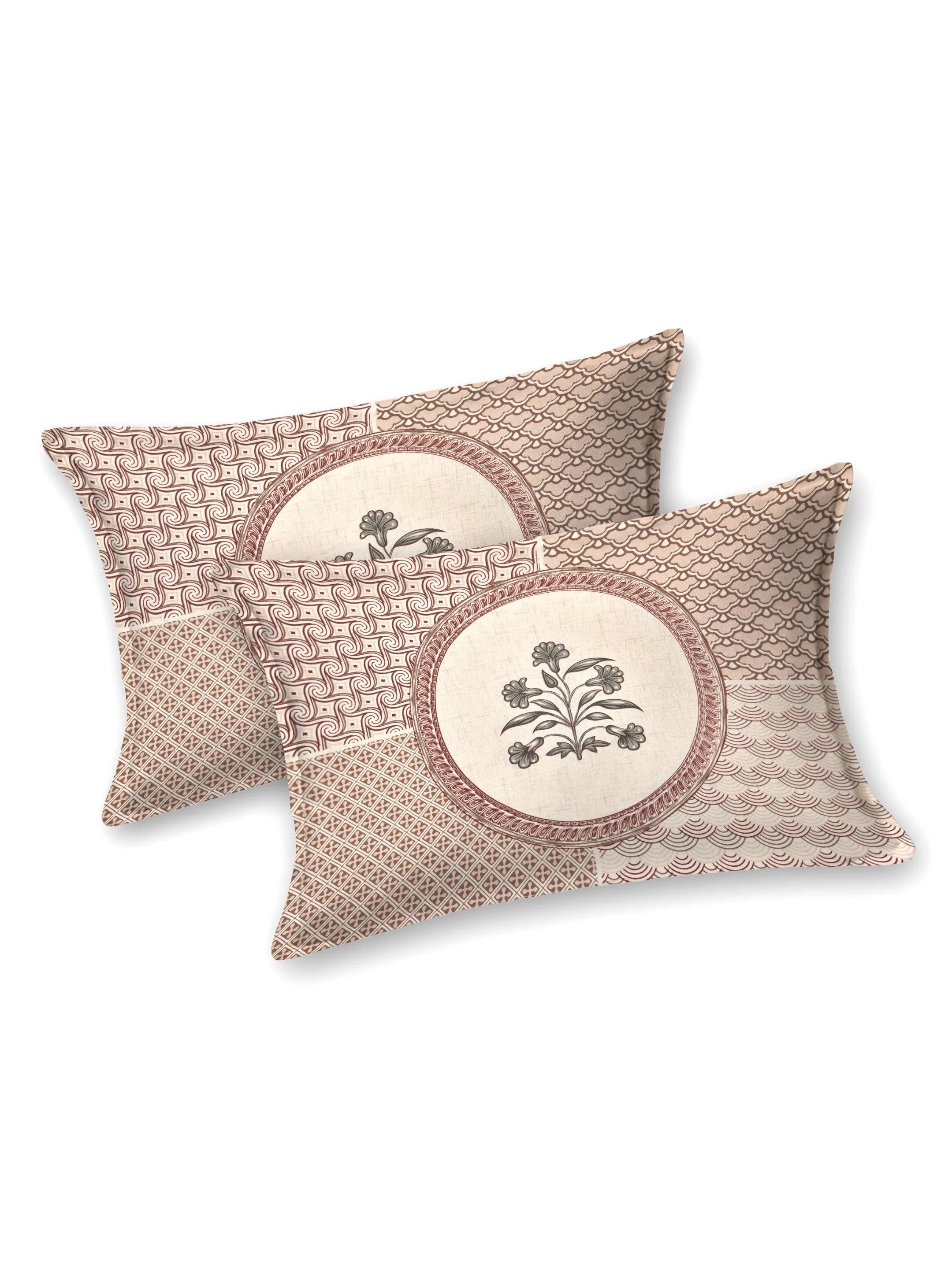 LIVING ROOTS Jaipuri Hand Block Print Double King Cotton Bedsheet 86*104 Inches (7.1*8.6 Feet) With 2 Pillow Cover | 220 TC | Rich Fast Colour With No Colour Bleeding (484-A) (Beige)