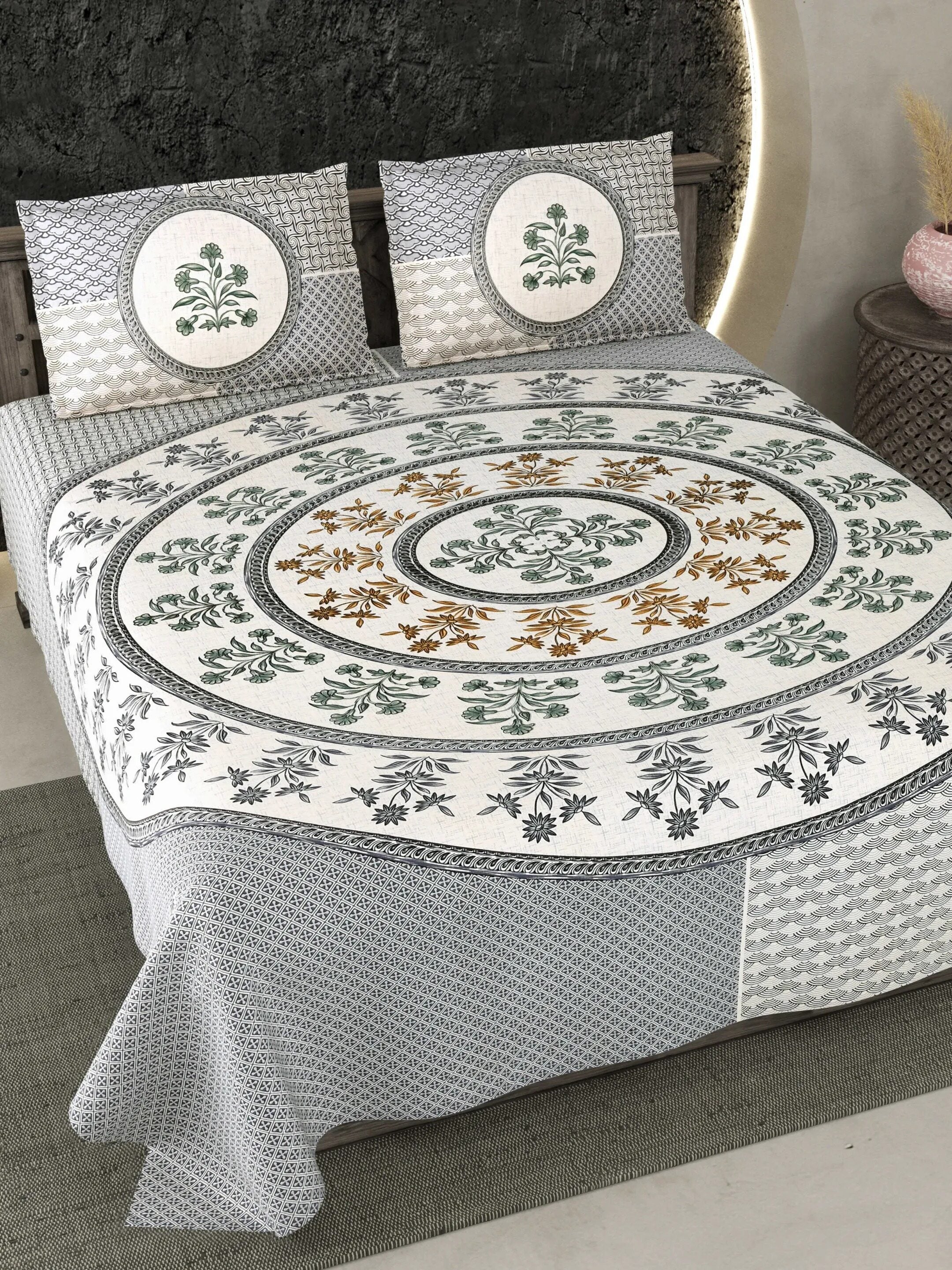 LIVING ROOTS Jaipuri Hand Block Print Double King Cotton Bedsheet 86*104 Inches (7.1*8.6 Feet) With 2 Pillow Cover | 220 TC | Rich Fast Colour With No Colour Bleeding (484-B) (Grey)