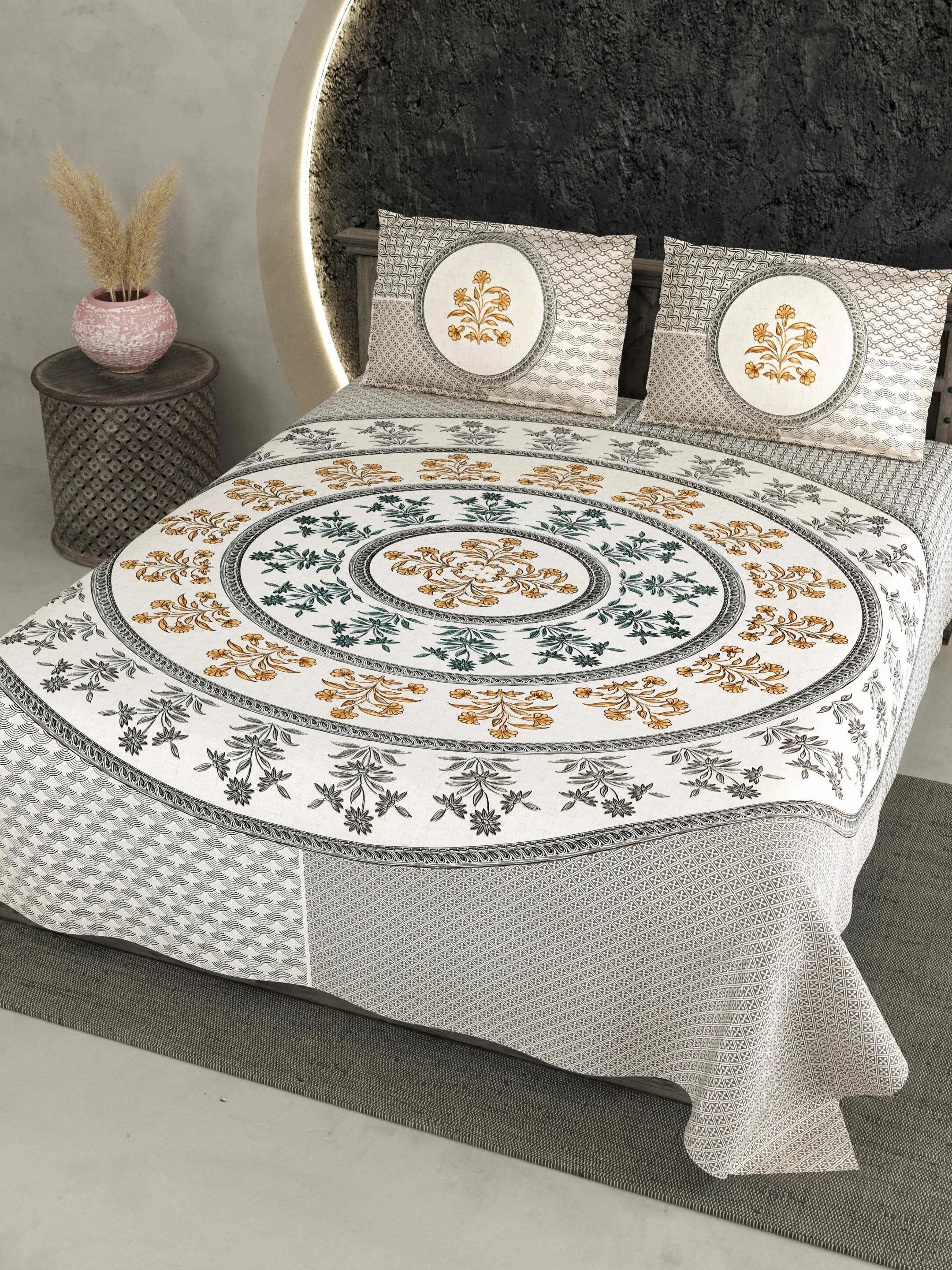 LIVING ROOTS Jaipuri Hand Block Print Double King Cotton Bedsheet 86*104 Inches (7.1*8.6 Feet) With 2 Pillow Cover | 220 TC | Rich Fast Colour With No Colour Bleeding (484-C) (Grey)