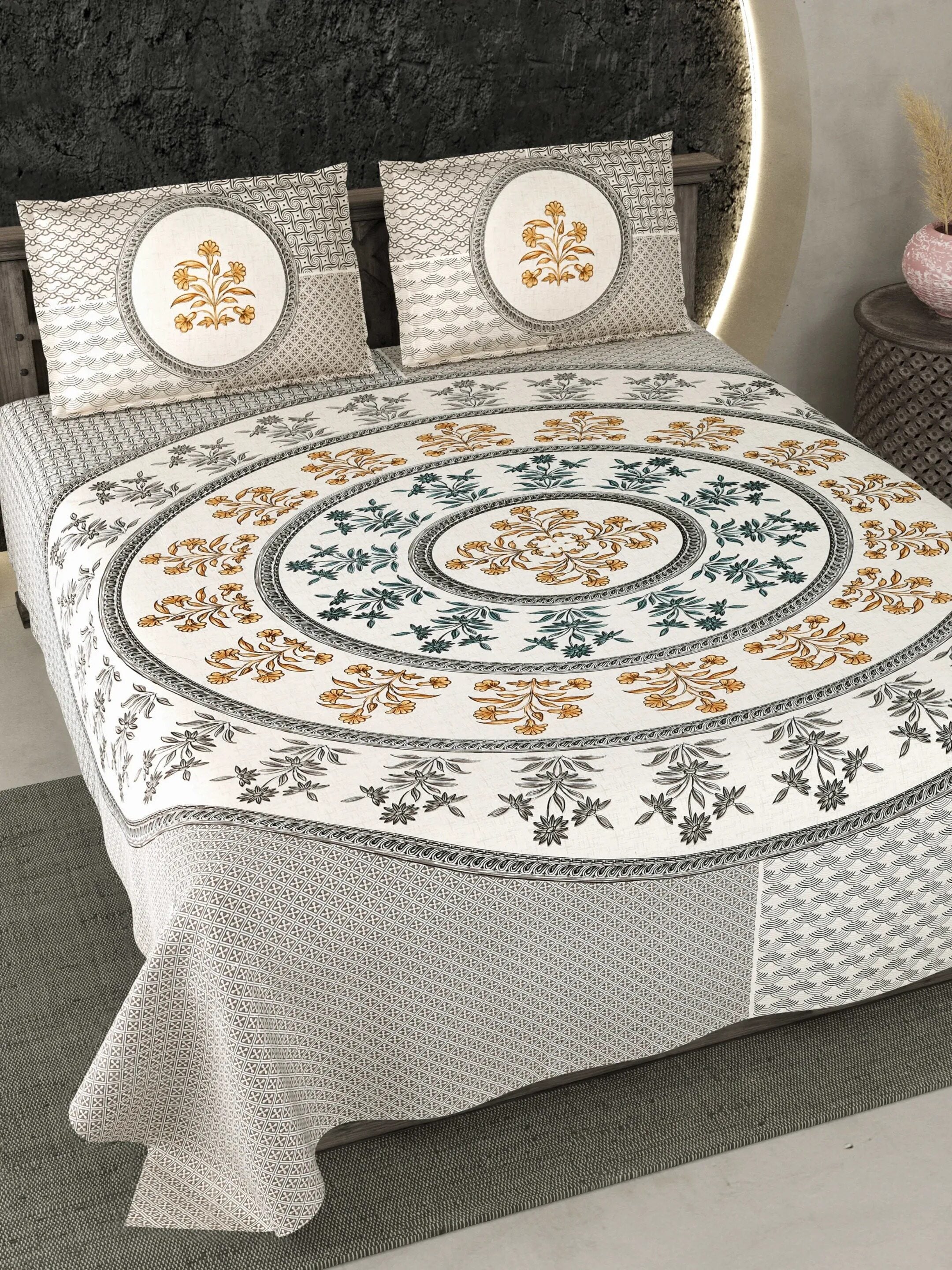 LIVING ROOTS Jaipuri Hand Block Print Double King Cotton Bedsheet 86*104 Inches (7.1*8.6 Feet) With 2 Pillow Cover | 220 TC | Rich Fast Colour With No Colour Bleeding (484-C) (Grey)