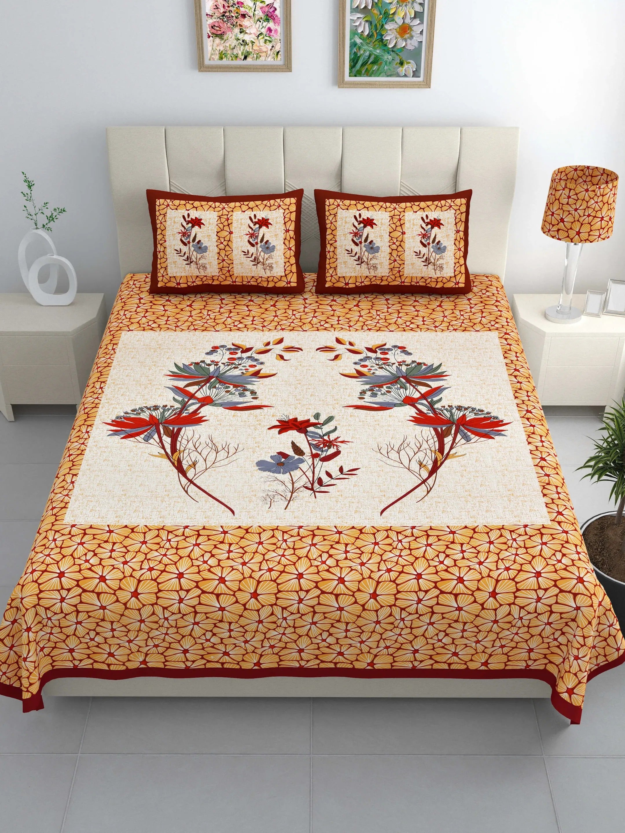 LIVING ROOTS Jaipuri Hand Block Print Double King Cotton Bedsheet 86*104 Inches (7.1*8.6 Feet) With 2 Pillow Cover | 220 TC | Rich Fast Colour With No Colour Bleeding (489-A) (Yellow)