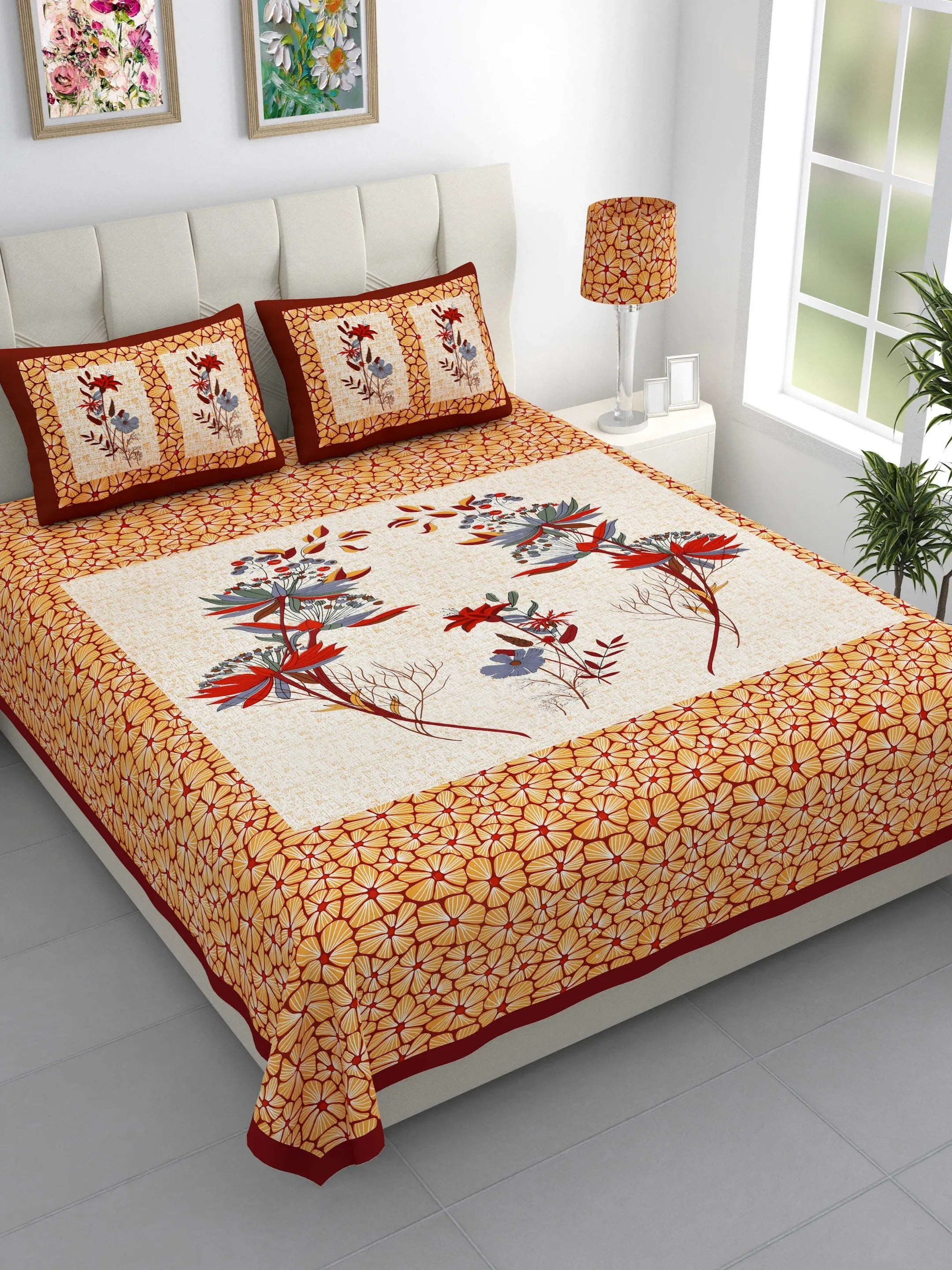 LIVING ROOTS Jaipuri Hand Block Print Double King Cotton Bedsheet 86*104 Inches (7.1*8.6 Feet) With 2 Pillow Cover | 220 TC | Rich Fast Colour With No Colour Bleeding (489-A) (Yellow)