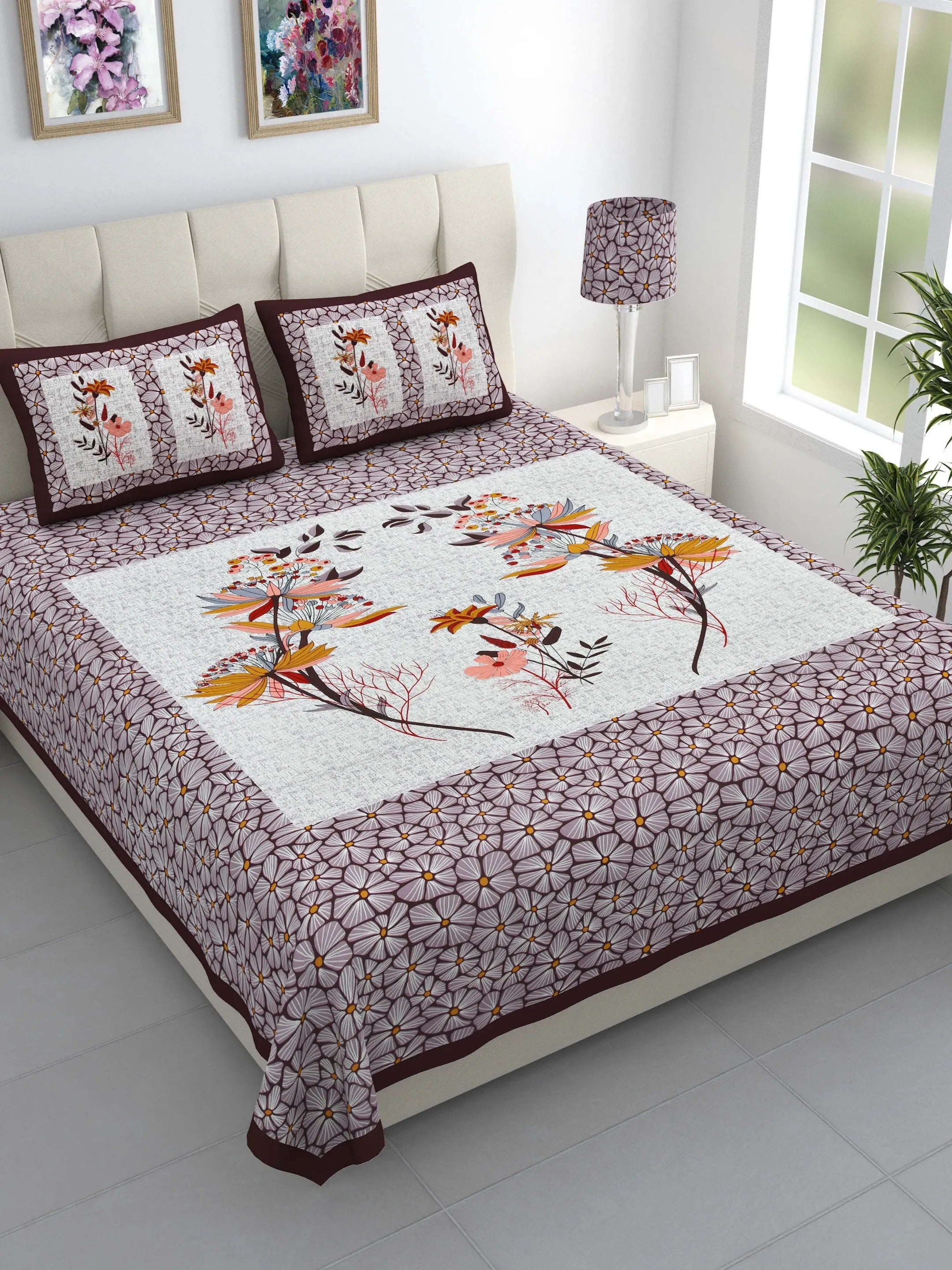 LIVING ROOTS Jaipuri Hand Block Print Double King Cotton Bedsheet 86*104 Inches (7.1*8.6 Feet) With 2 Pillow Cover | 220 TC | Rich Fast Colour With No Colour Bleeding (489-B) (Lavendar)